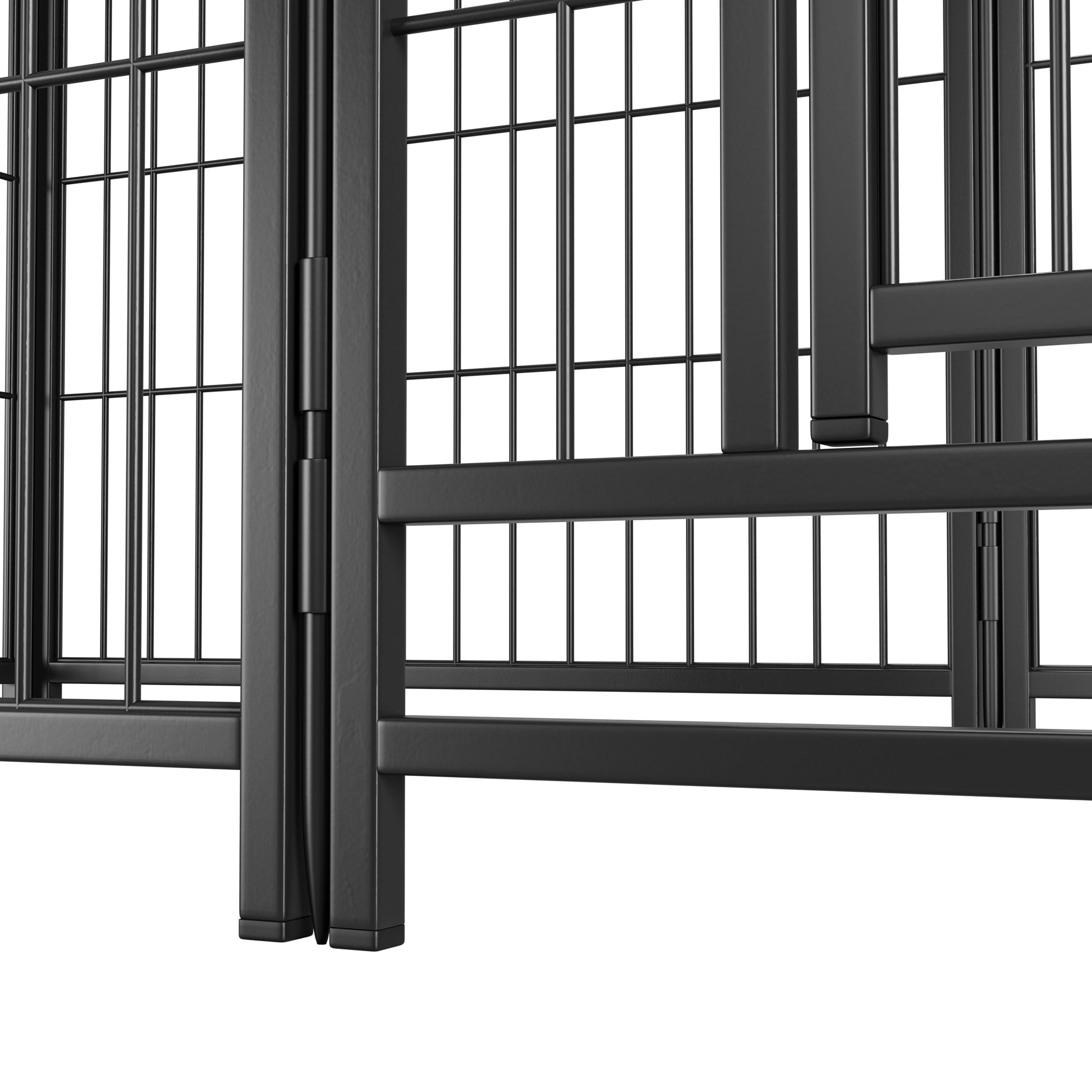 Black metal pet fence panel with a hinged connection and vertical bars