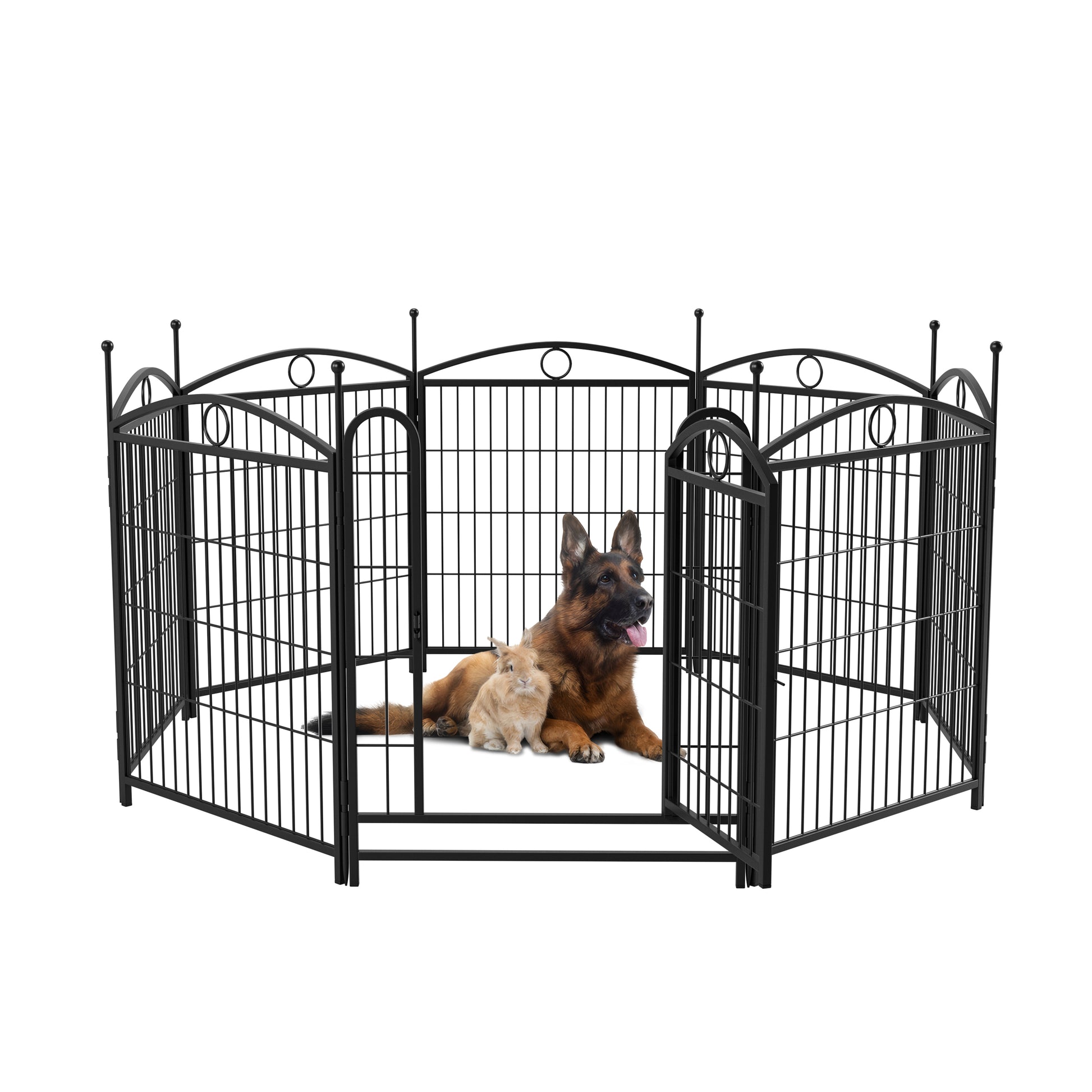 Black wrought iron pet playpen with decorative finials ideal for indooroutdoor use