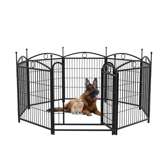 Black wrought iron pet playpen with decorative finials ideal for indooroutdoor use