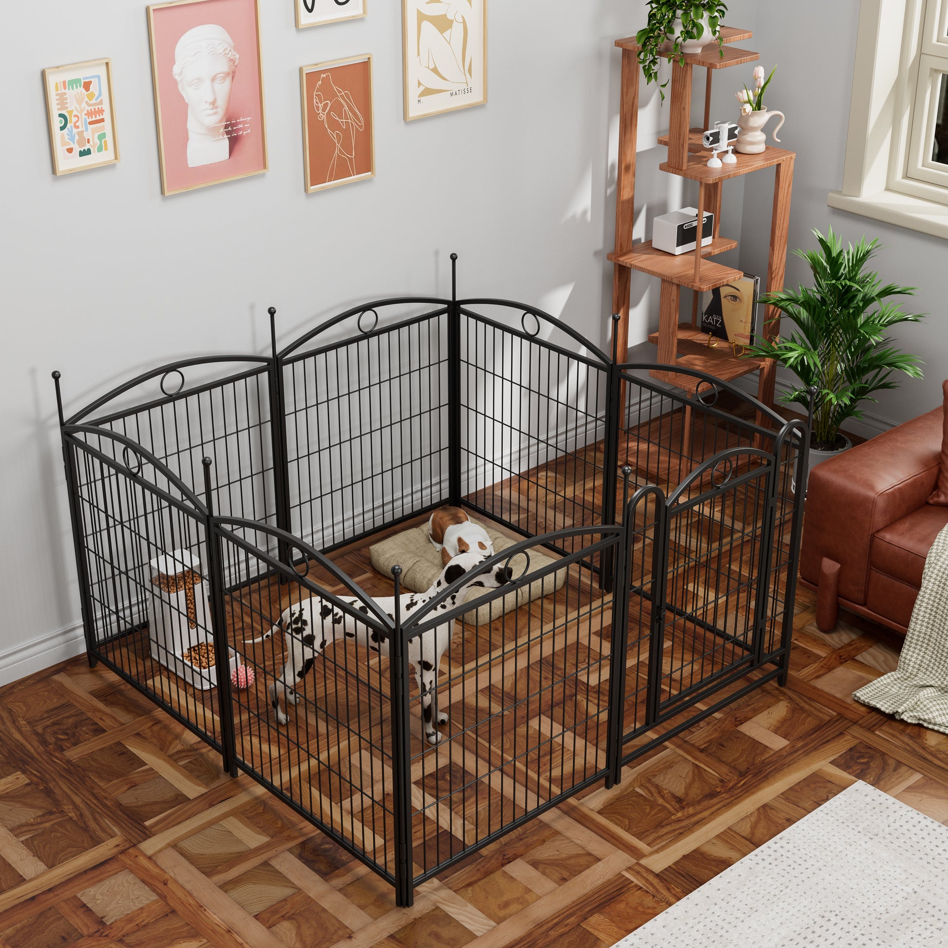 Black metal puppy playpen with arched top featuring two Dalmatians and one brownwhite dog inside
