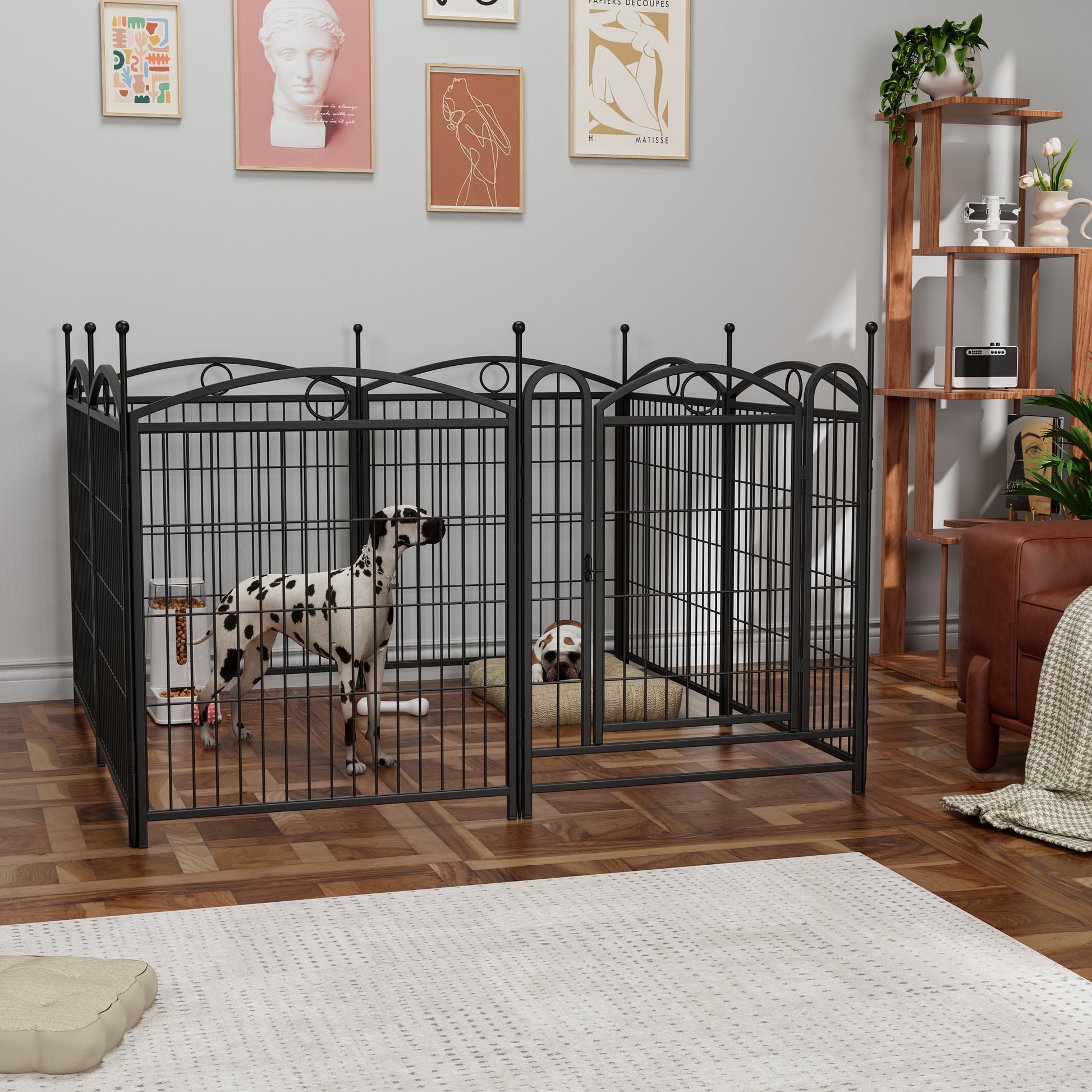 Black wrought iron dog fence with ornate arches providing a safe indoor space
