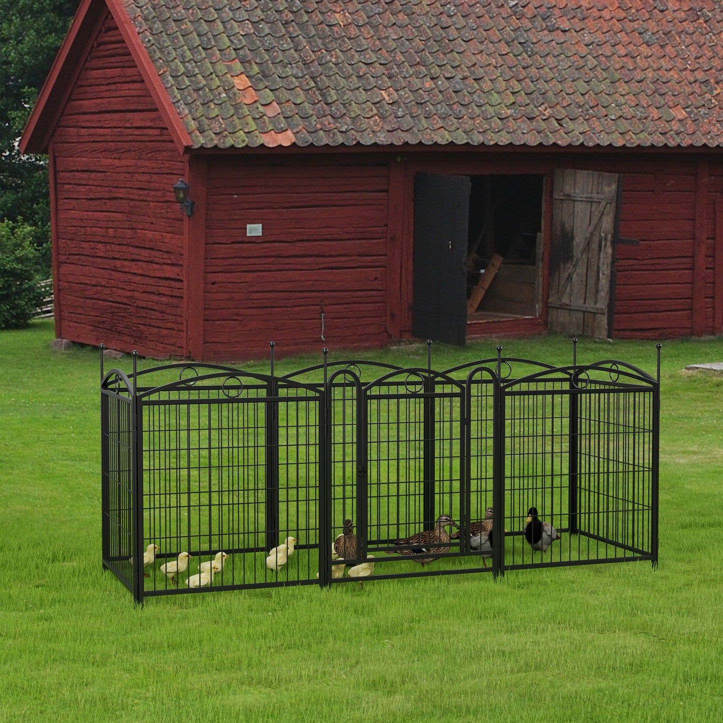 Black wrought iron outdoor pet pen with arched decorative top for small animals