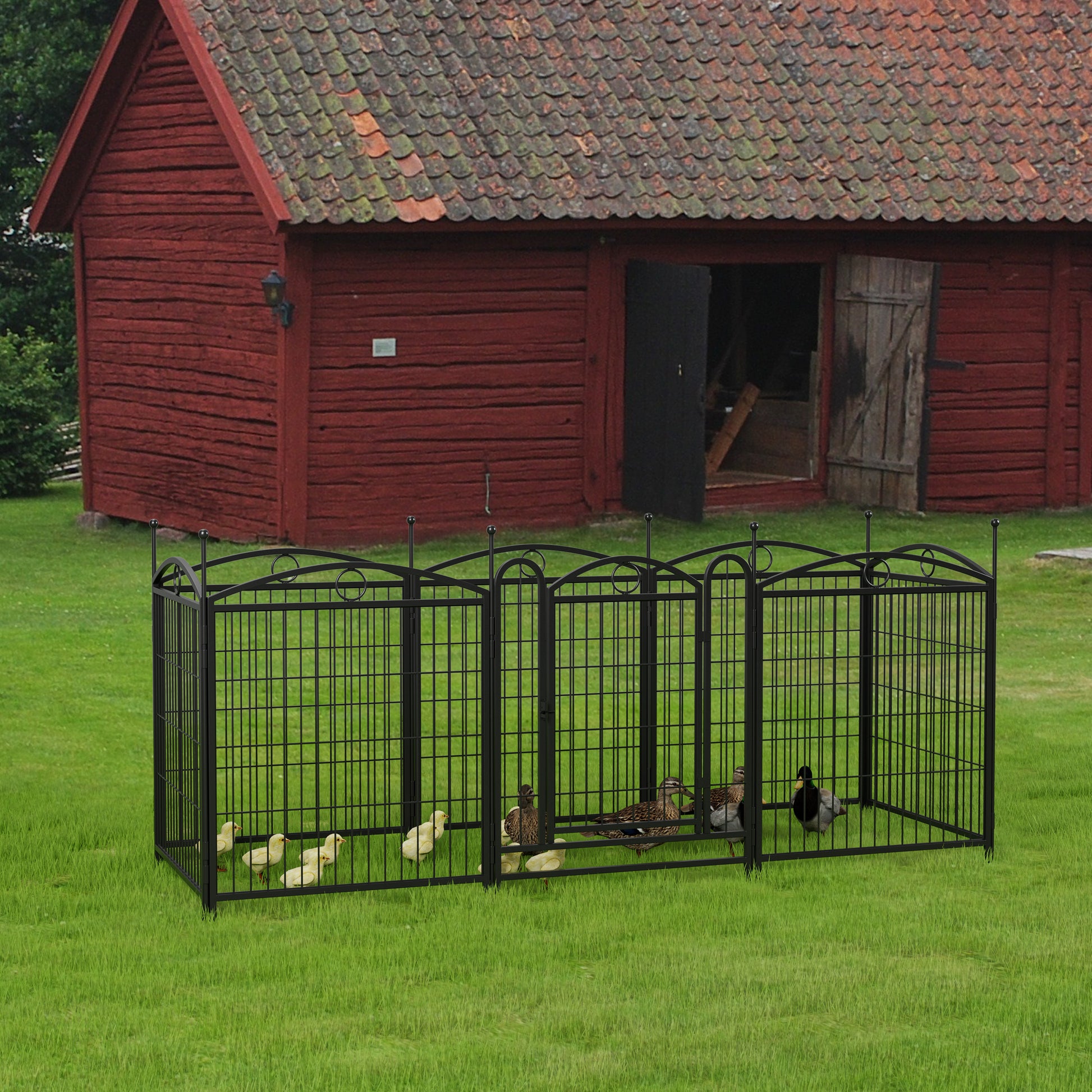Black wrought iron outdoor pet pen with arched decorative top for small animals