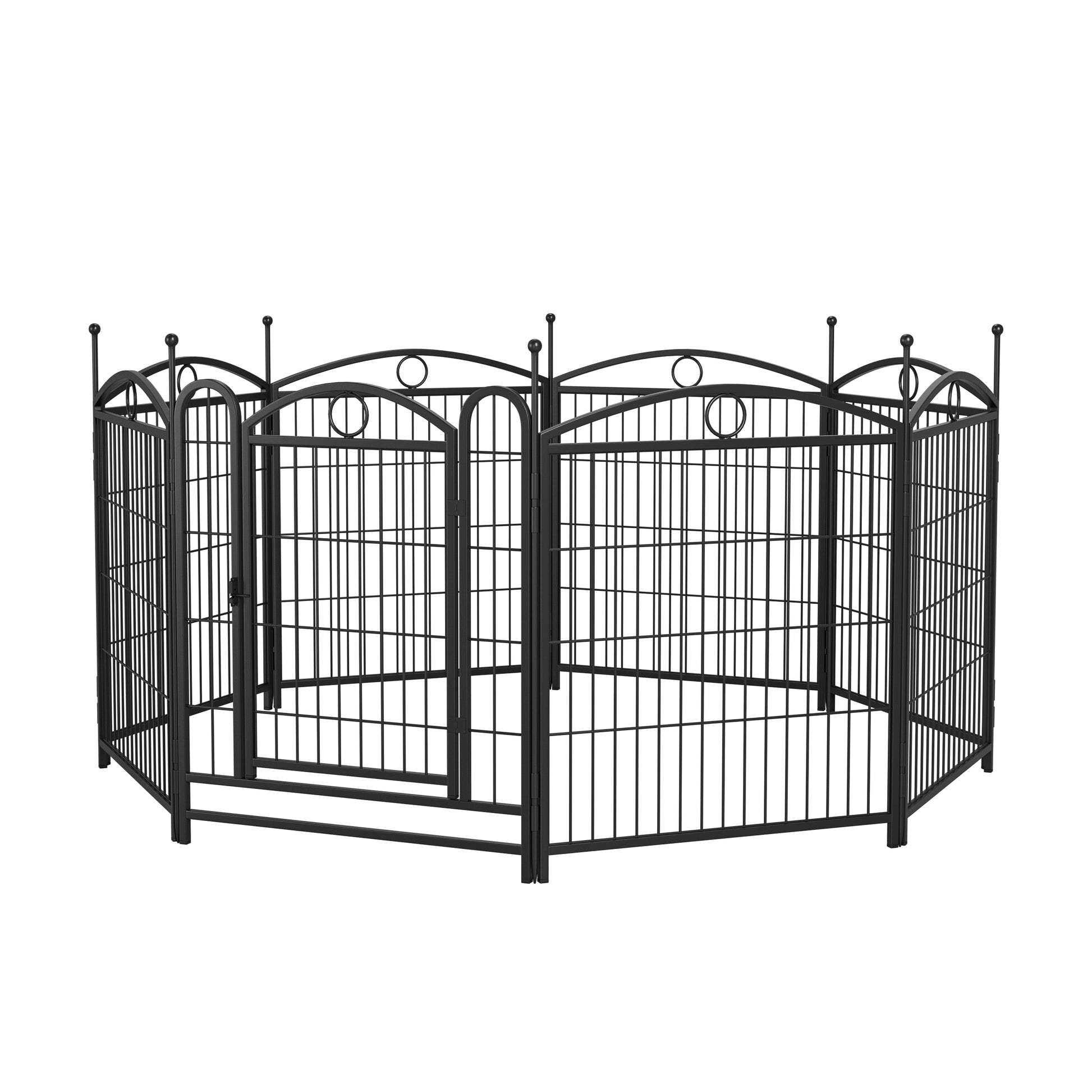 Black metal dog playpen with ornate arched panels and double doors providing safe outdoor containment