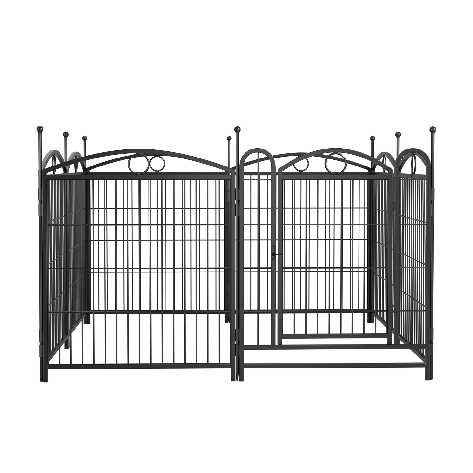 Black metal outdoor dog kennel with decorative finials and arched top panels