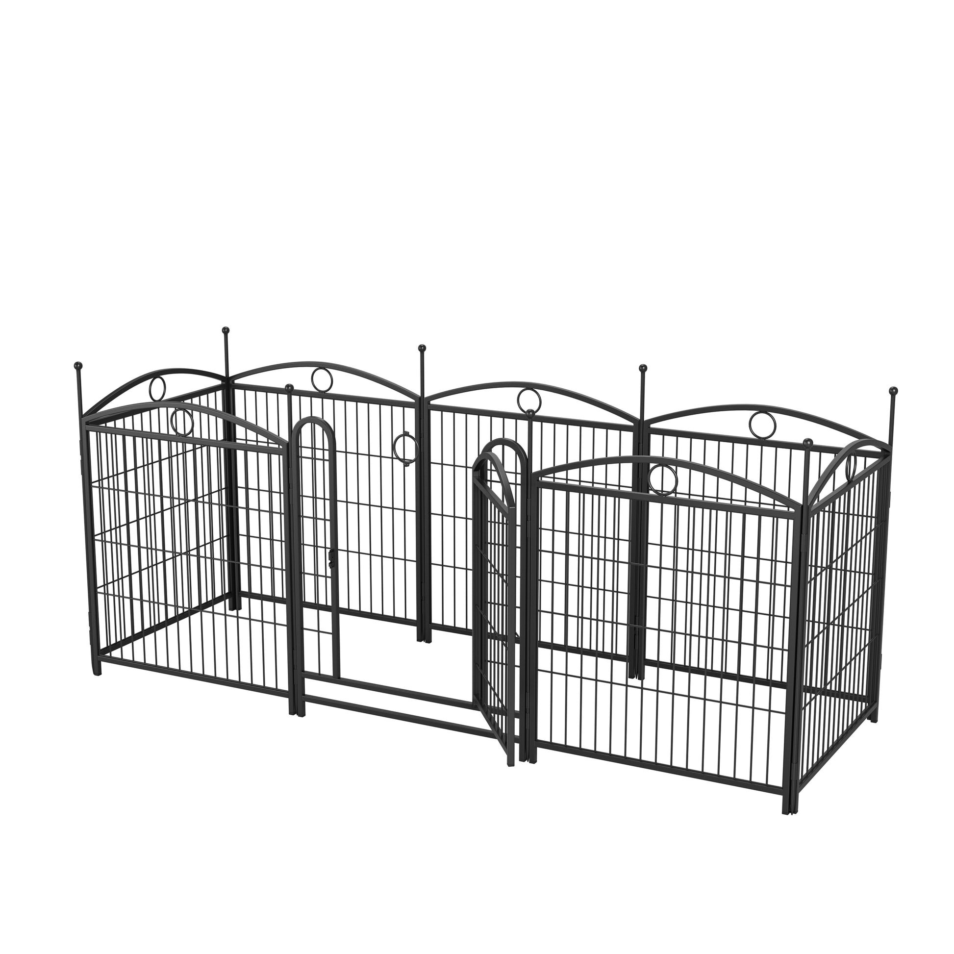 Black metal modular pet playpen with arched top details and double gates for secure outdoor enclosure