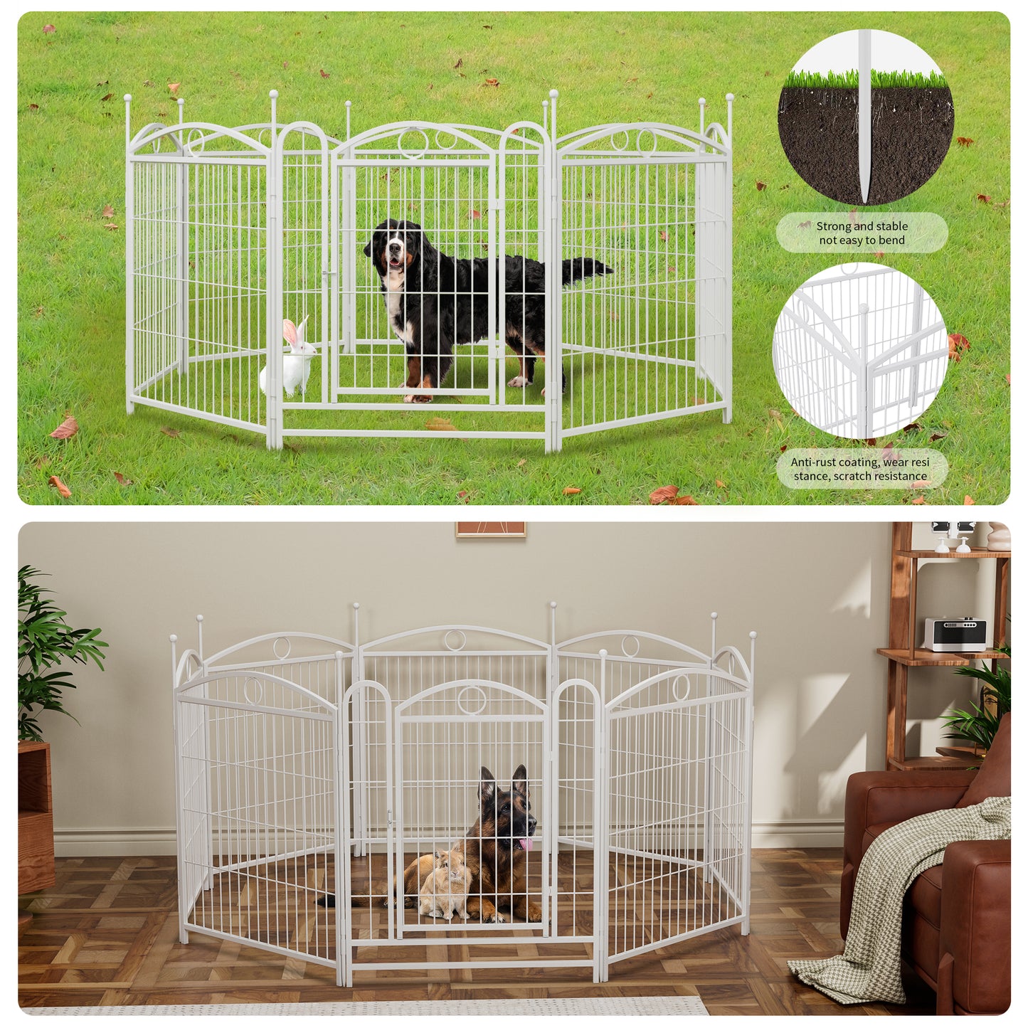 White metal dog fence with decorative arches featuring a Bernese Mountain Dog and a rabbit outdoors