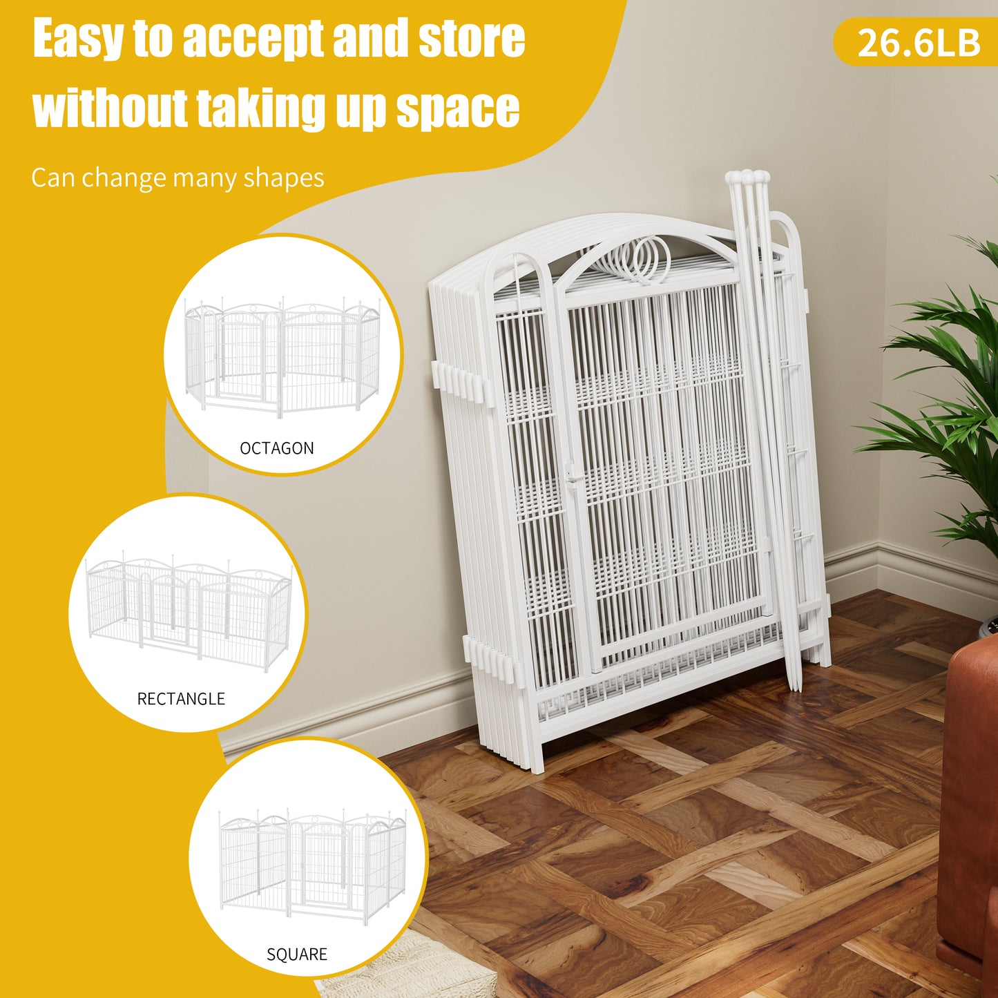 White metal folding dog playpen shown in octagon configuration for pets