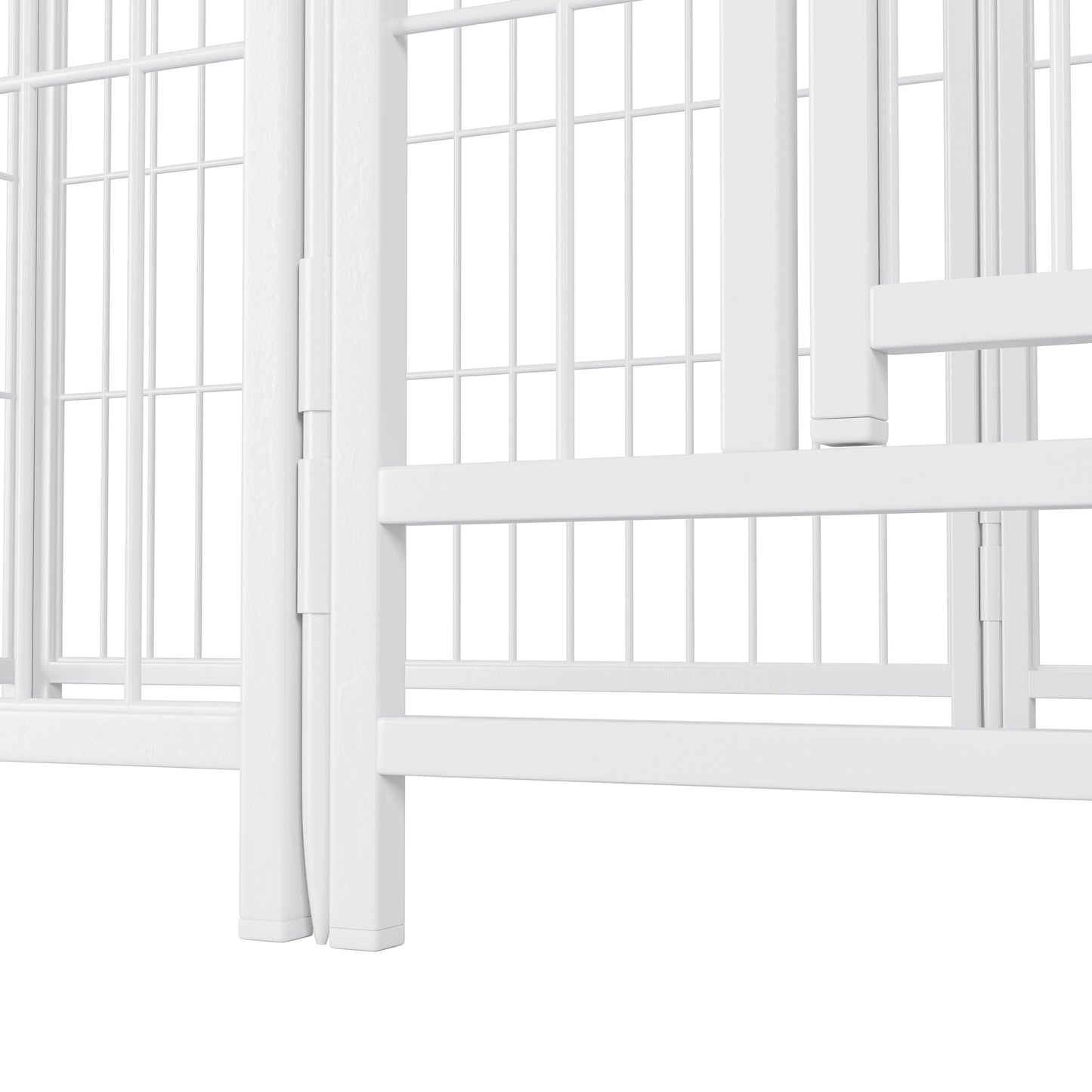White metal baby gate with vertical bars and hinged sections