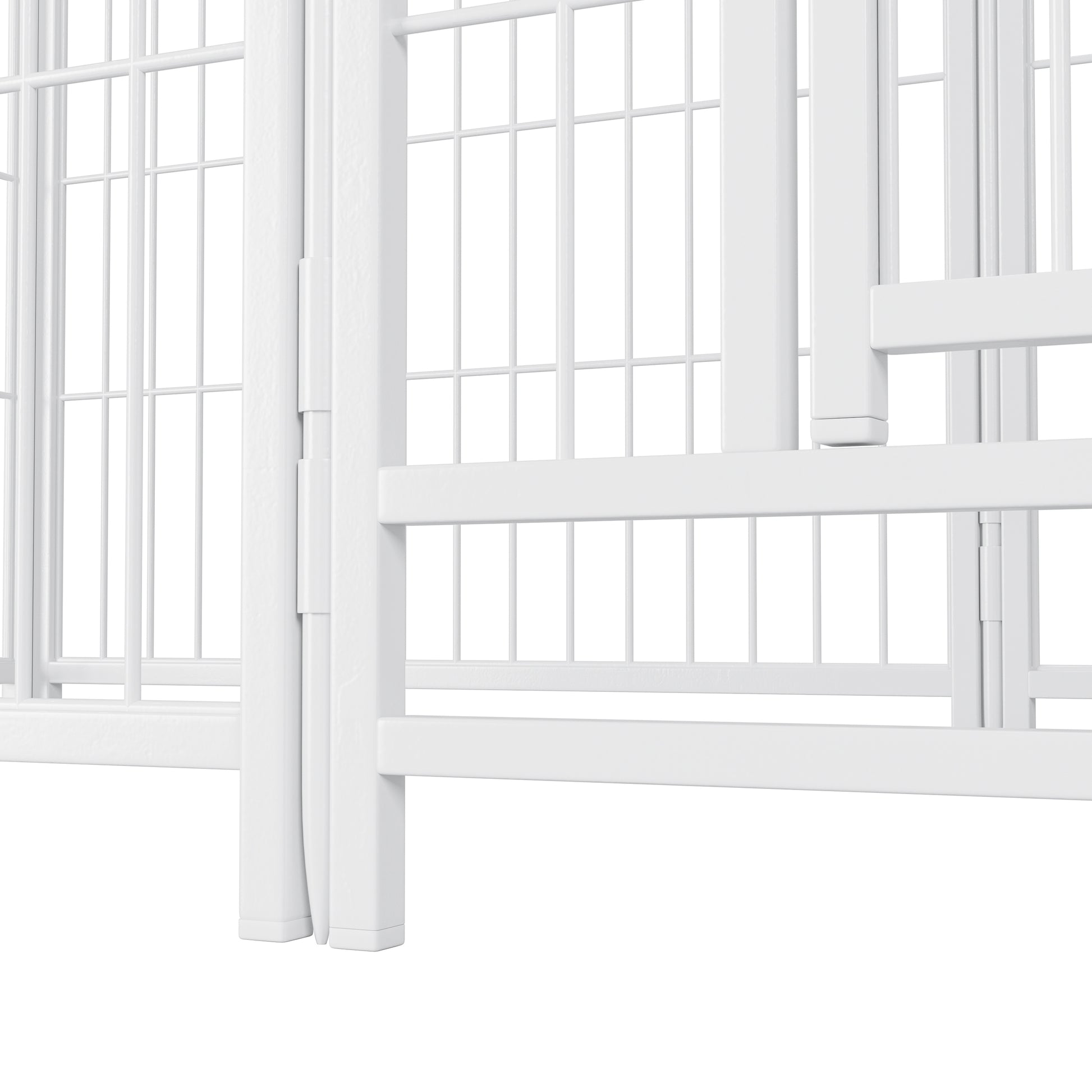White metal baby gate with vertical bars and hinged sections