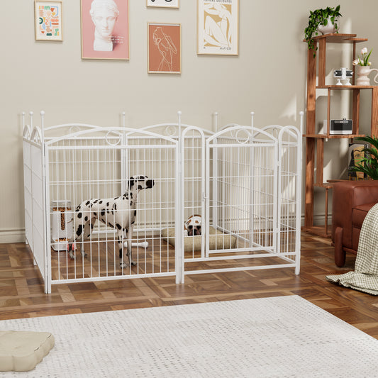 White metal pet playpen with decorative finials featuring a Dalmatian and a bulldog for secure pet containment