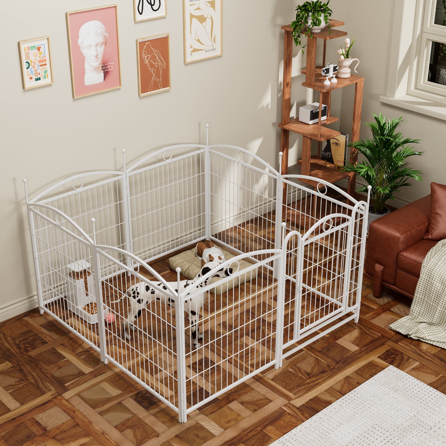 White metal dog playpen with gate featuring a food dispenser and two puppies resting