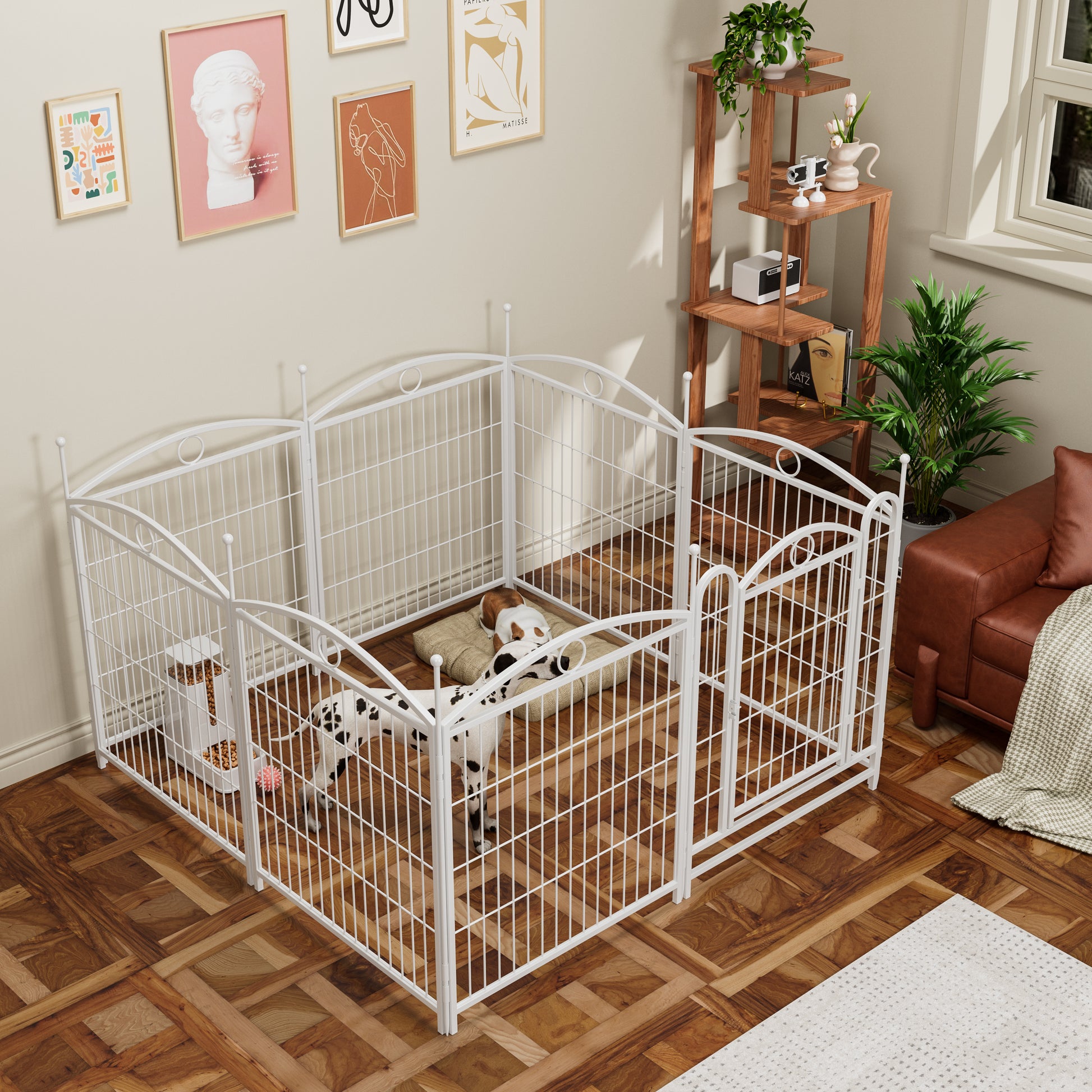 White metal dog playpen with gate featuring a food dispenser and two puppies resting