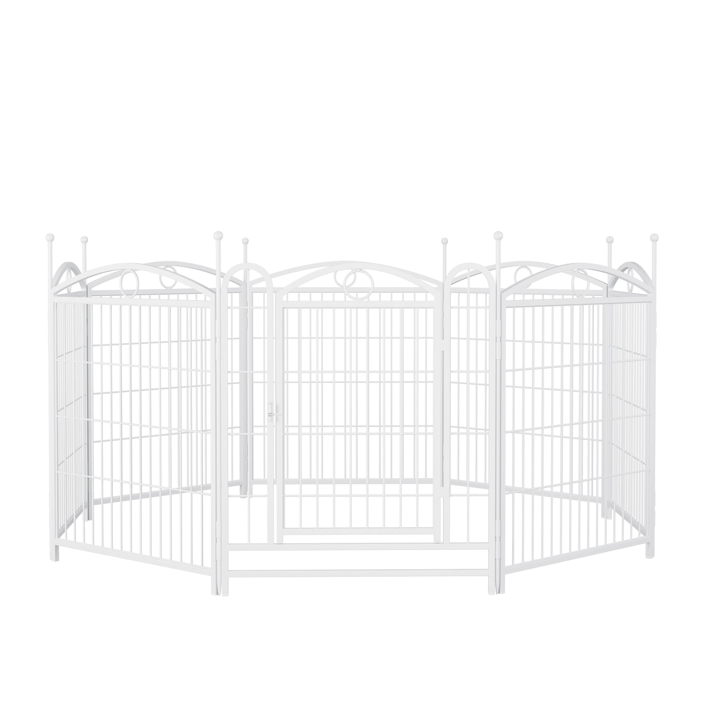 White metal hexagonal pet playpen with arched top and decorative circles