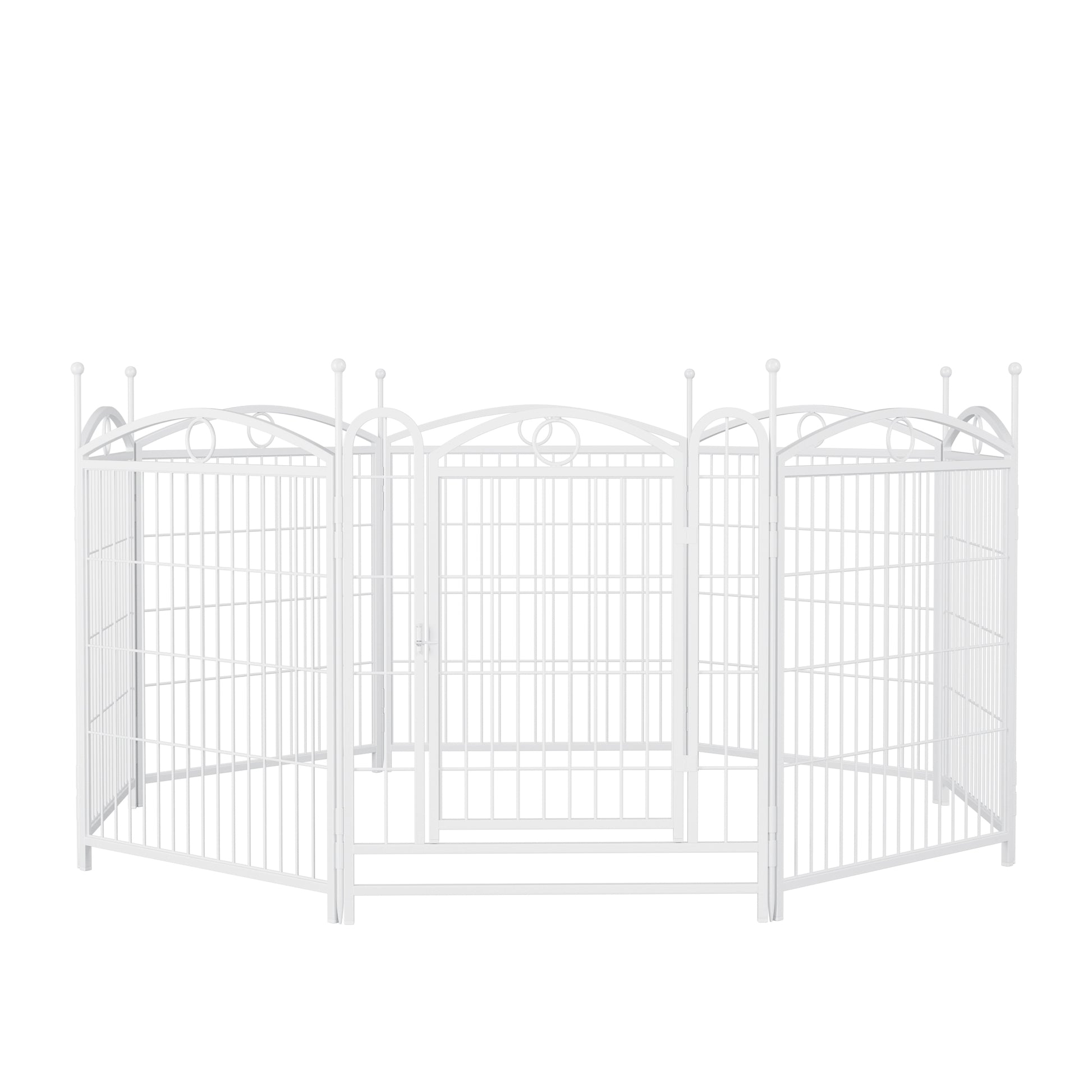White metal hexagonal pet playpen with arched top and decorative circles