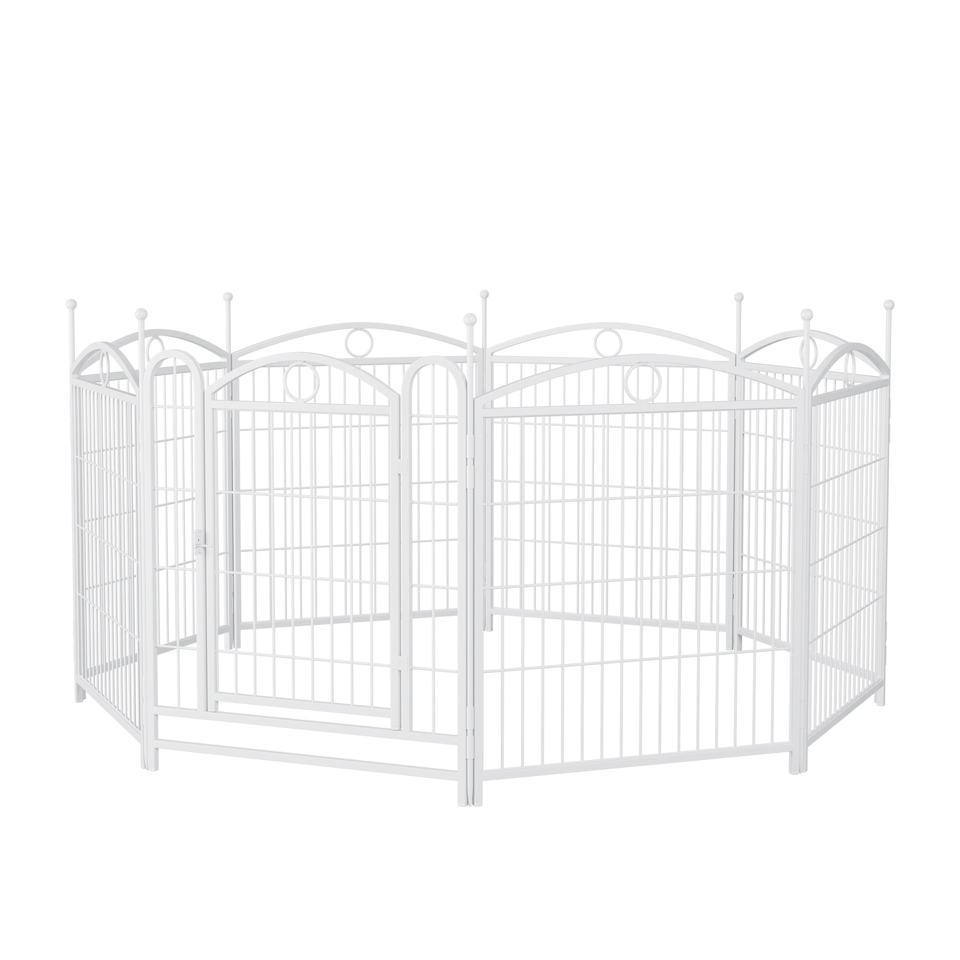 White metal pet playpen with ornate arched panel design and secure gate latch for small animals