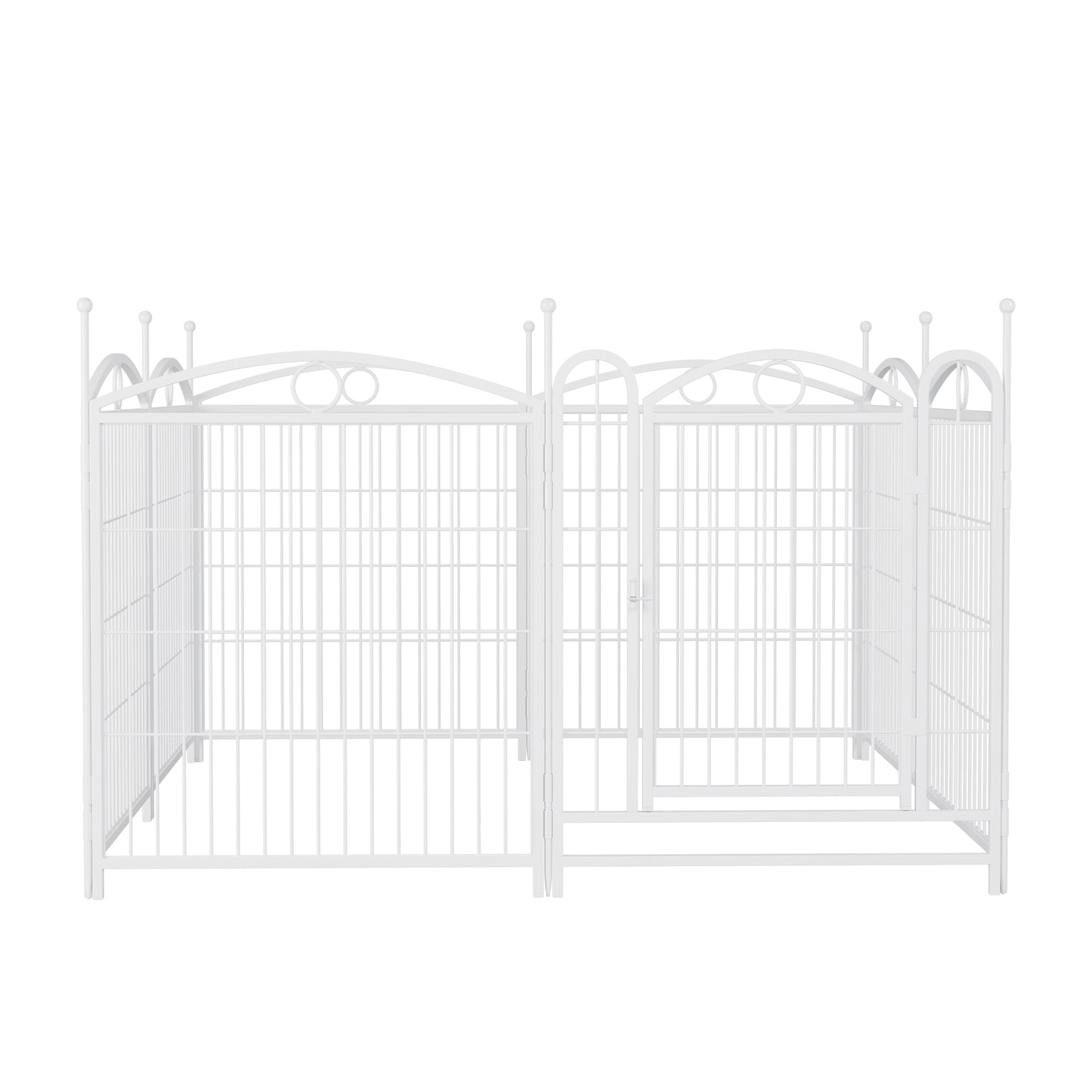 White wrought iron pet playpen with decorative finials and a hinged door for easy access