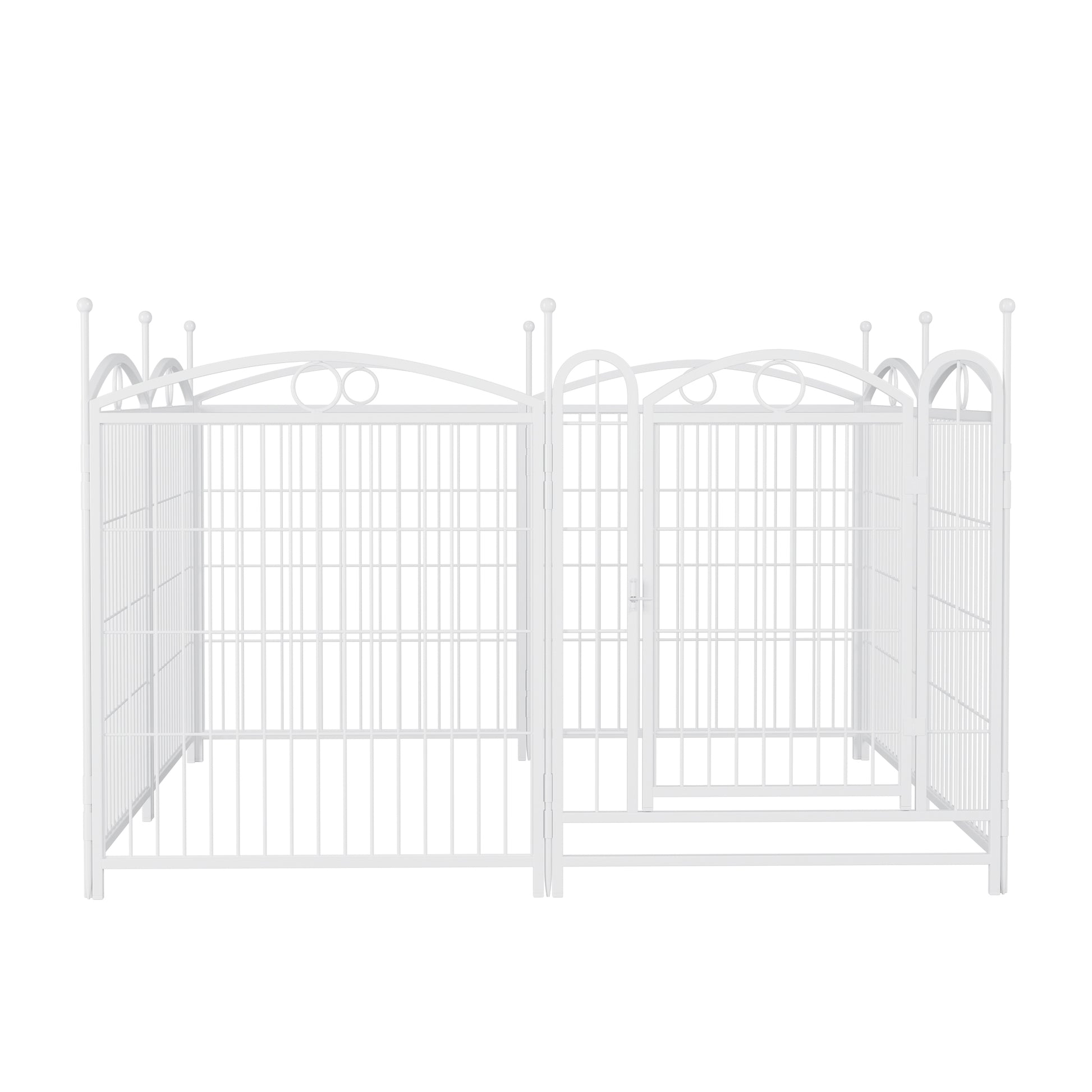 White wrought iron pet playpen with decorative finials and a hinged door for easy access