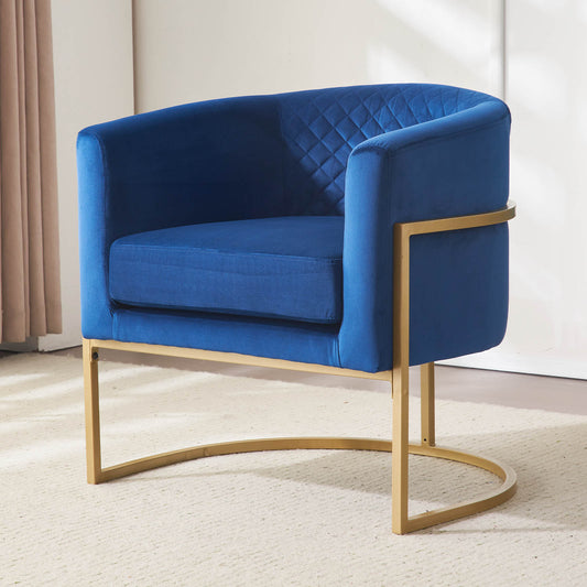 Deep blue velvet accent chair with diamond tufting and gold metal base