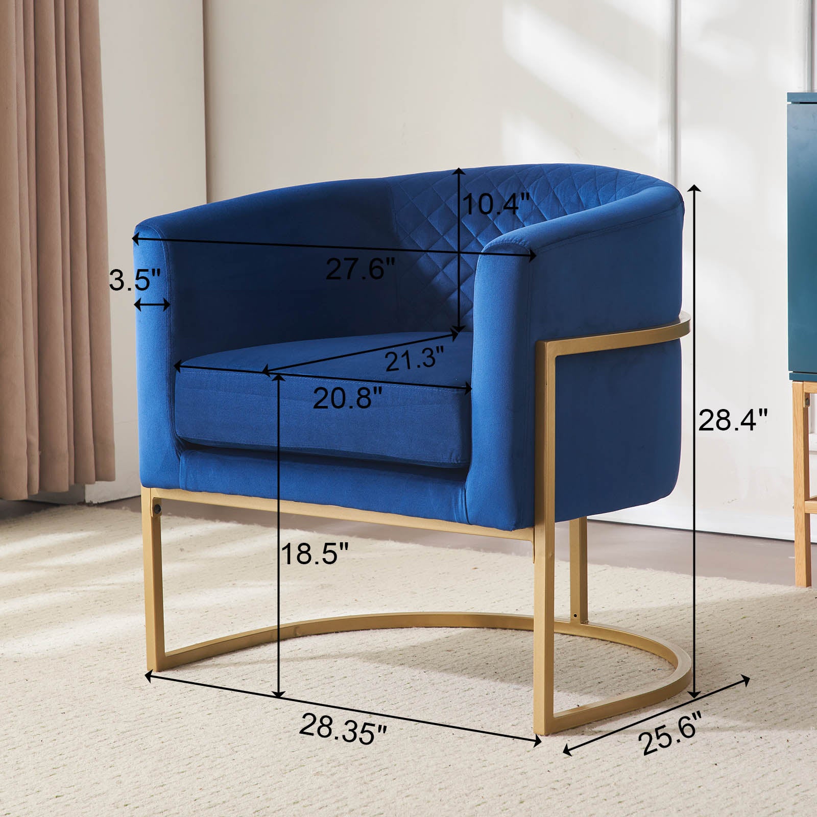 Deep blue velvet armchair with diamond tufting and modern gold metal legs