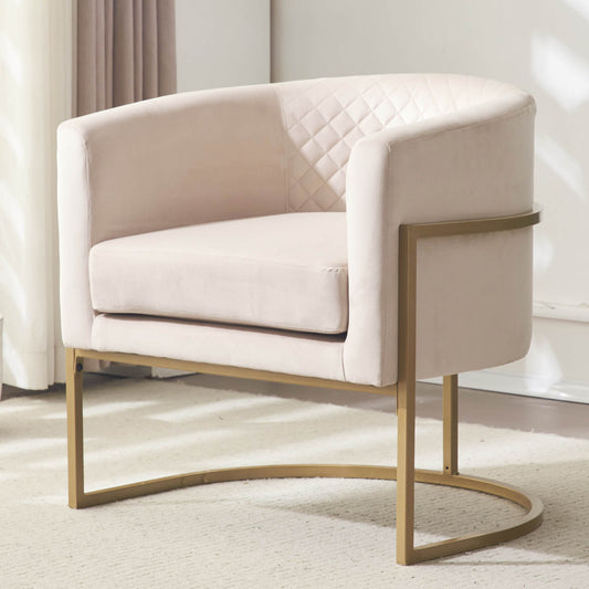 Champagne velvet accent chair with diamond tufting and gold metal legs