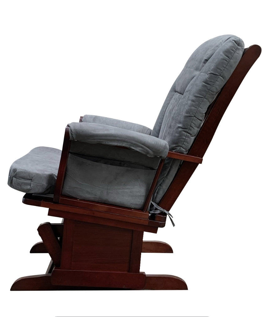 Dark wood glider with plush grey cushions perfect for nursery comfort