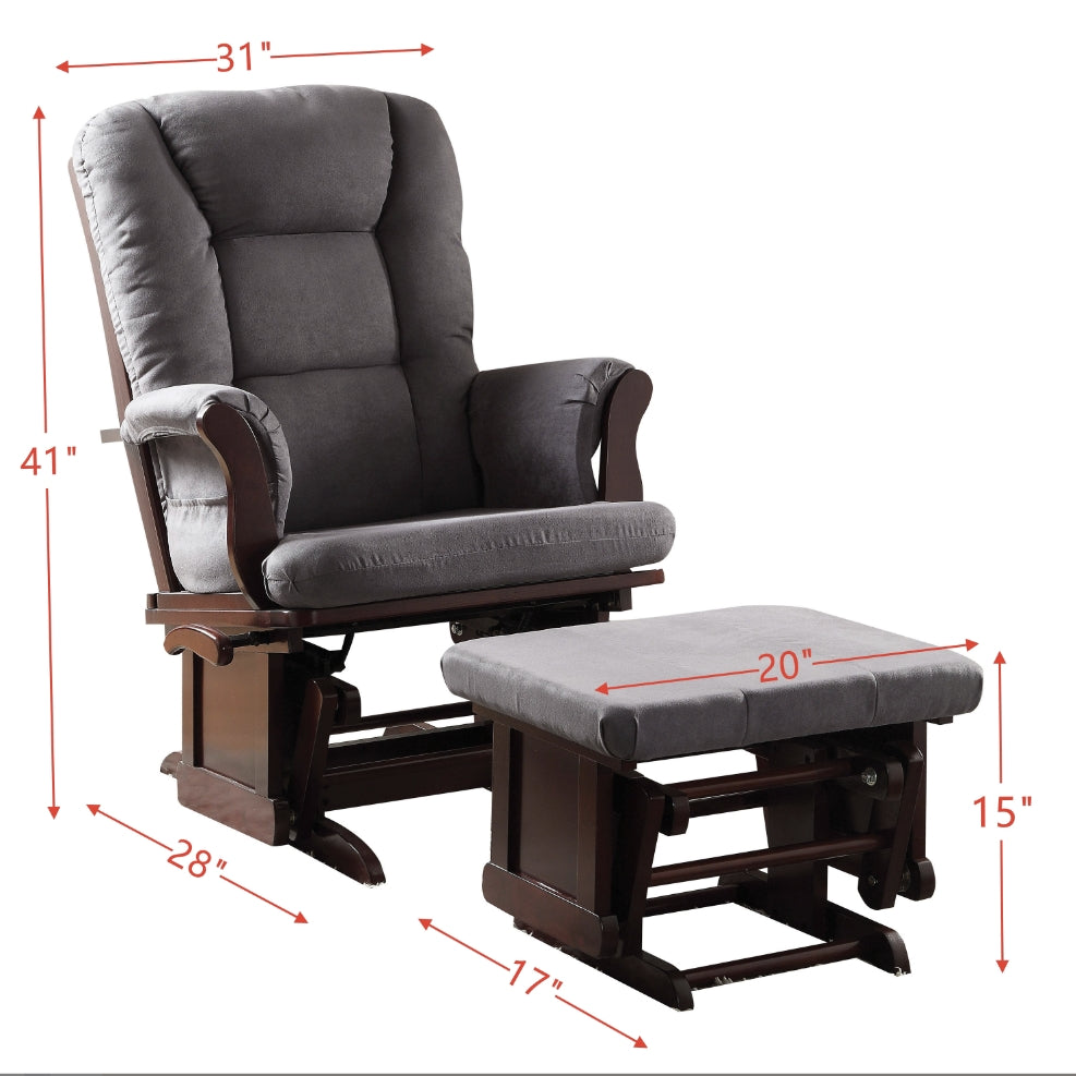 Dark grey upholstered glider chair with wooden base and matching ottoman