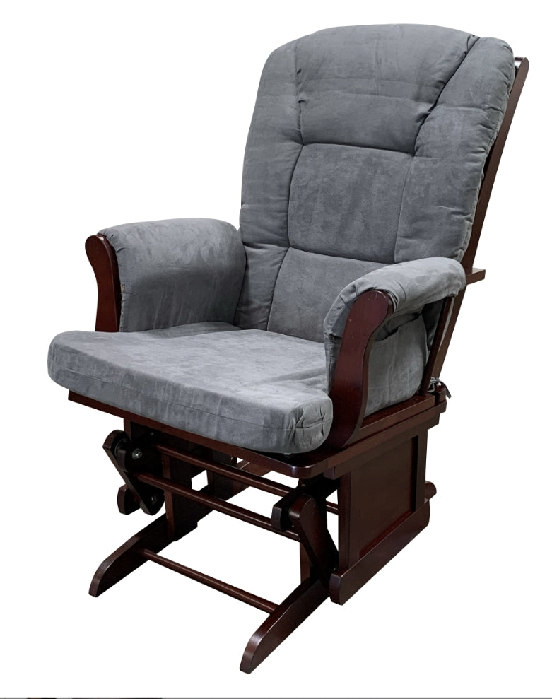 Comfortable grey upholstered glider chair with dark wood frame