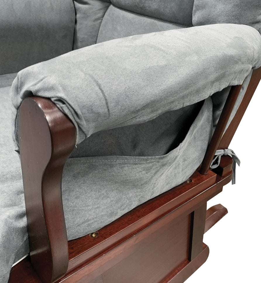 Closeup of a gray glider chair armrest with a builtin pocket