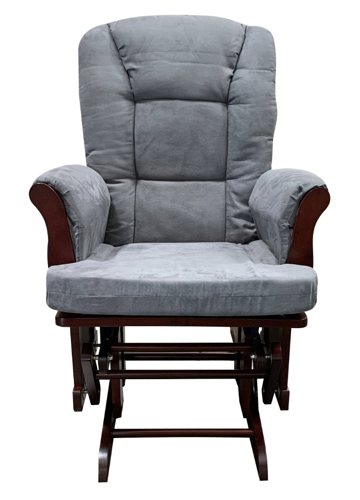 Plush grey upholstered glider with dark wood base and arms perfect for nurseries