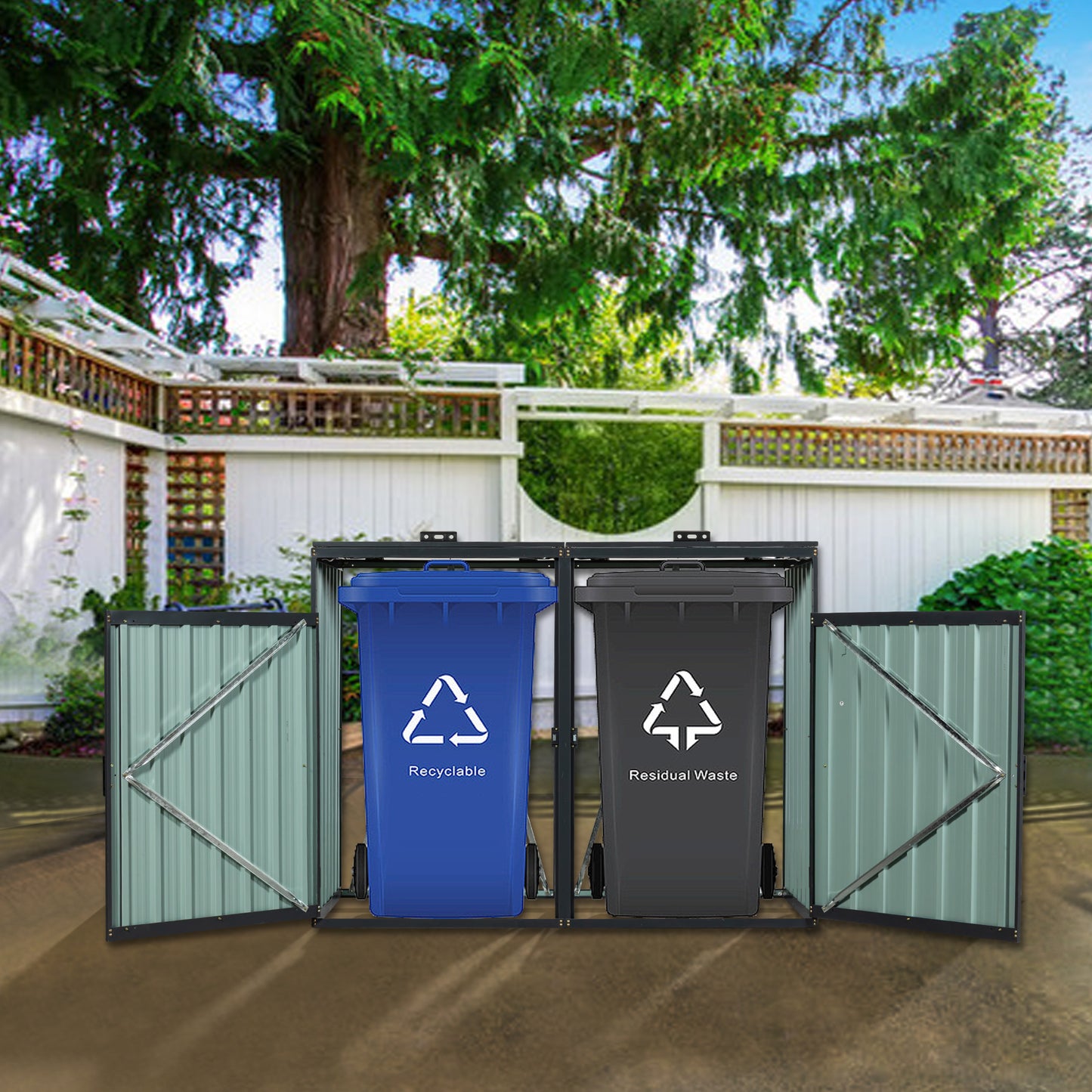 Double garbage bin enclosure with blue recyclable and gray residual waste bins