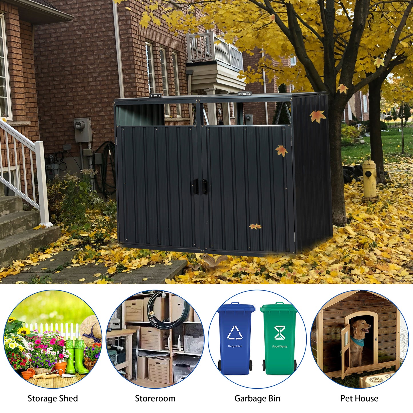 Dark gray metal outdoor storage shed with double doors ideal for garden tools