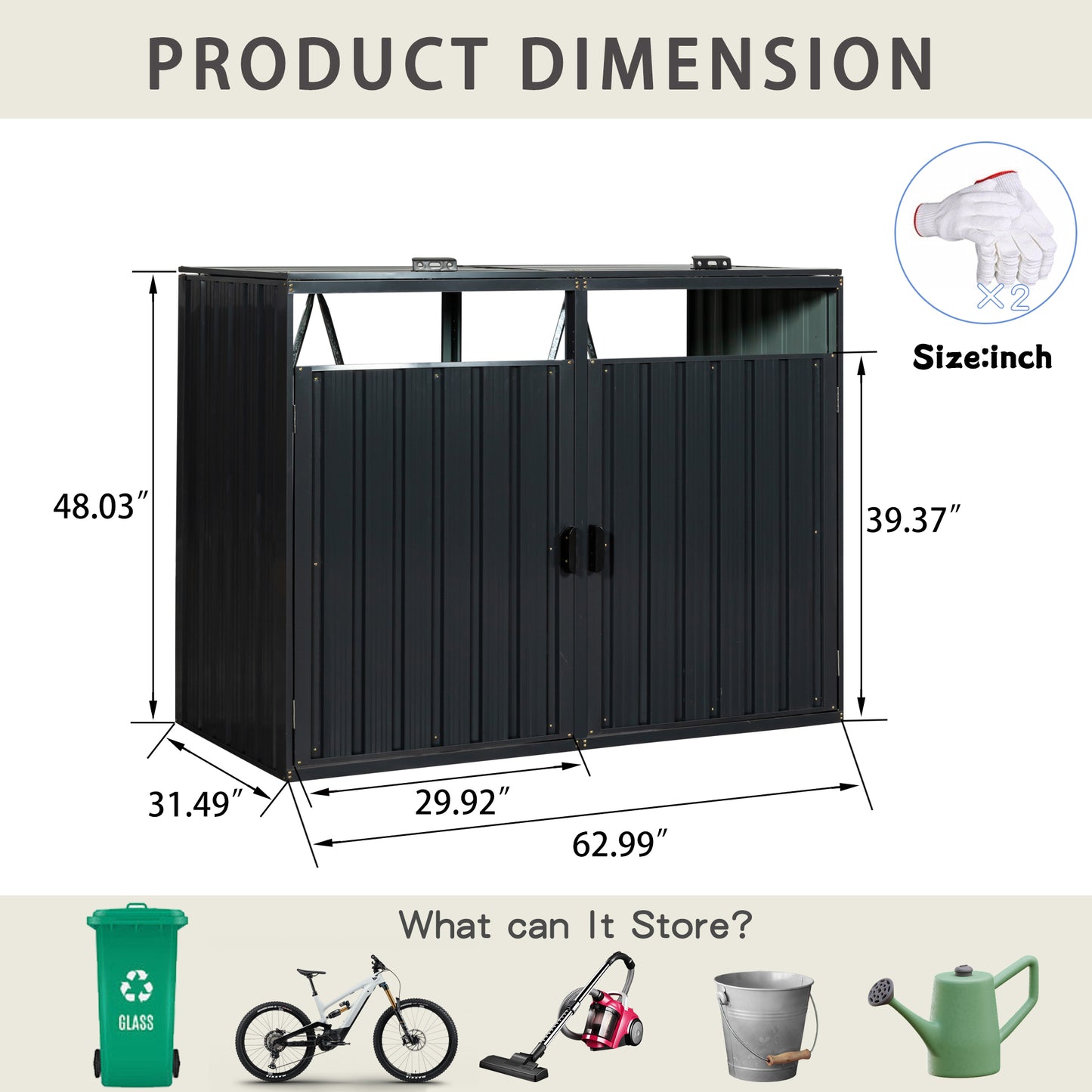 Dark gray metal outdoor storage shed  inches wide