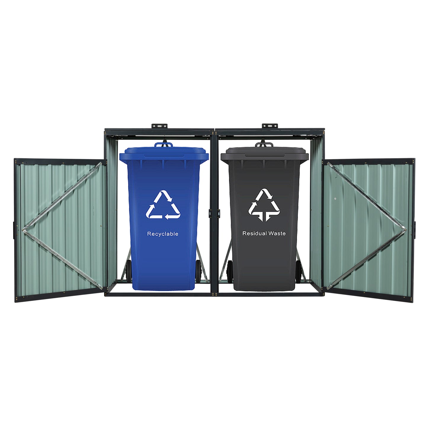 Double wheelie bin storage unit with blue recyclable and black residual waste bins