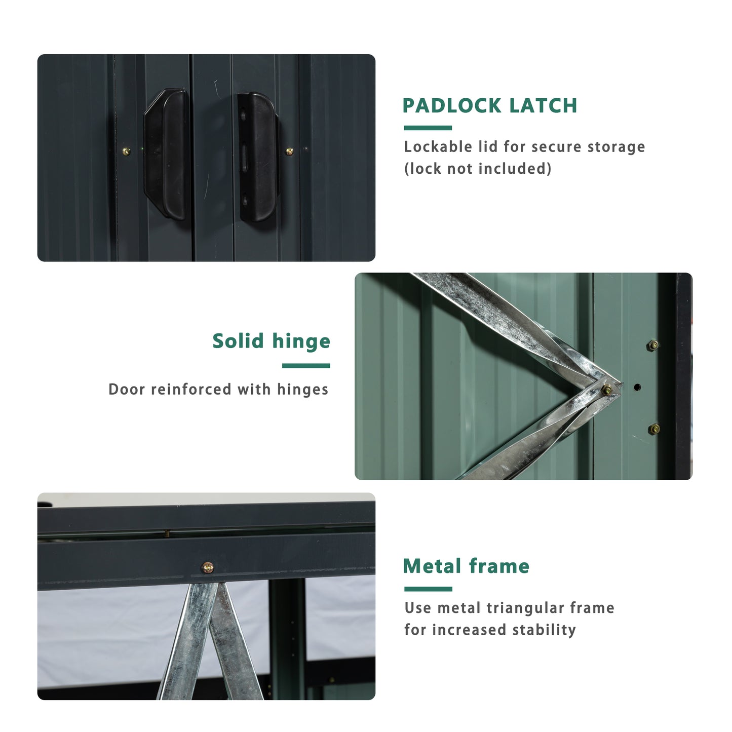 Dark grey shed doors with two black handles and a padlock latch