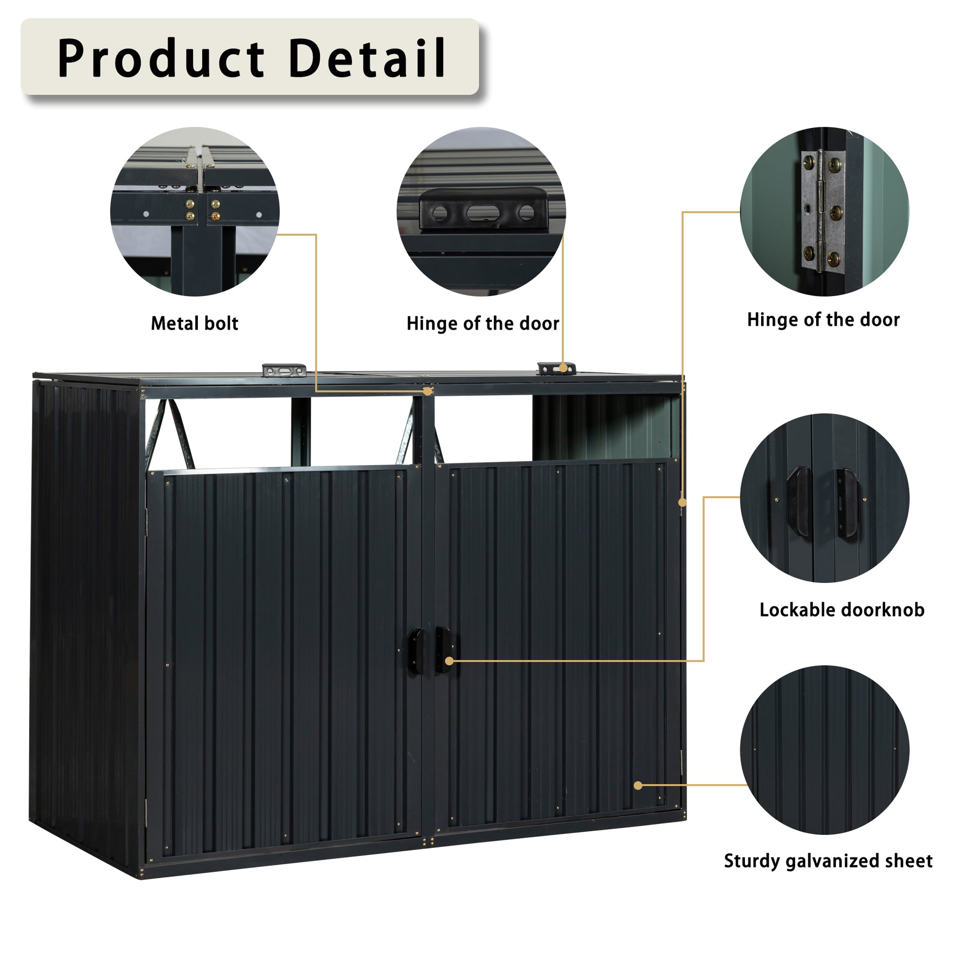 Dark grey galvanized steel outdoor storage shed with double doors