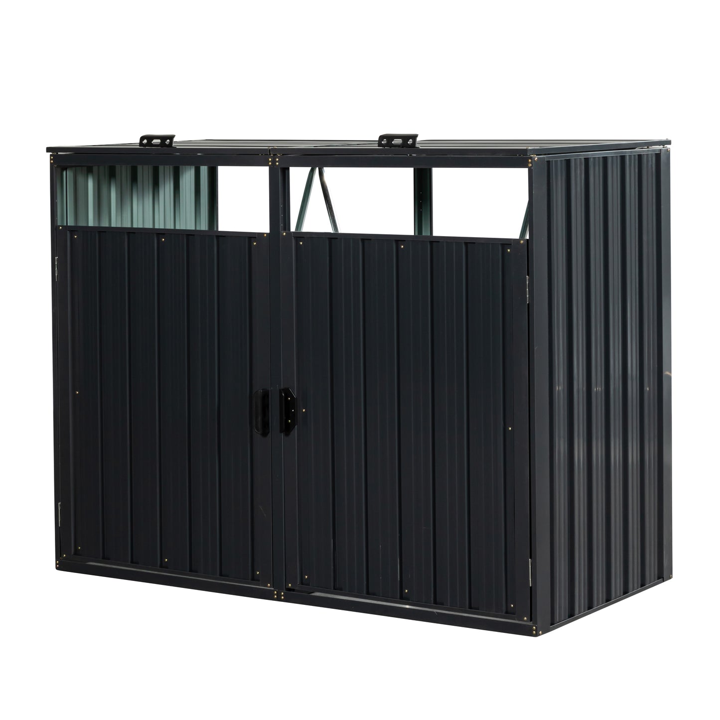 Dark grey metal garden shed with double doors ideal for outdoor storage solutions