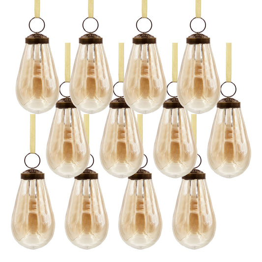 Set of  teardropshaped amber glass Christmas ornaments with gold ribbon hangers