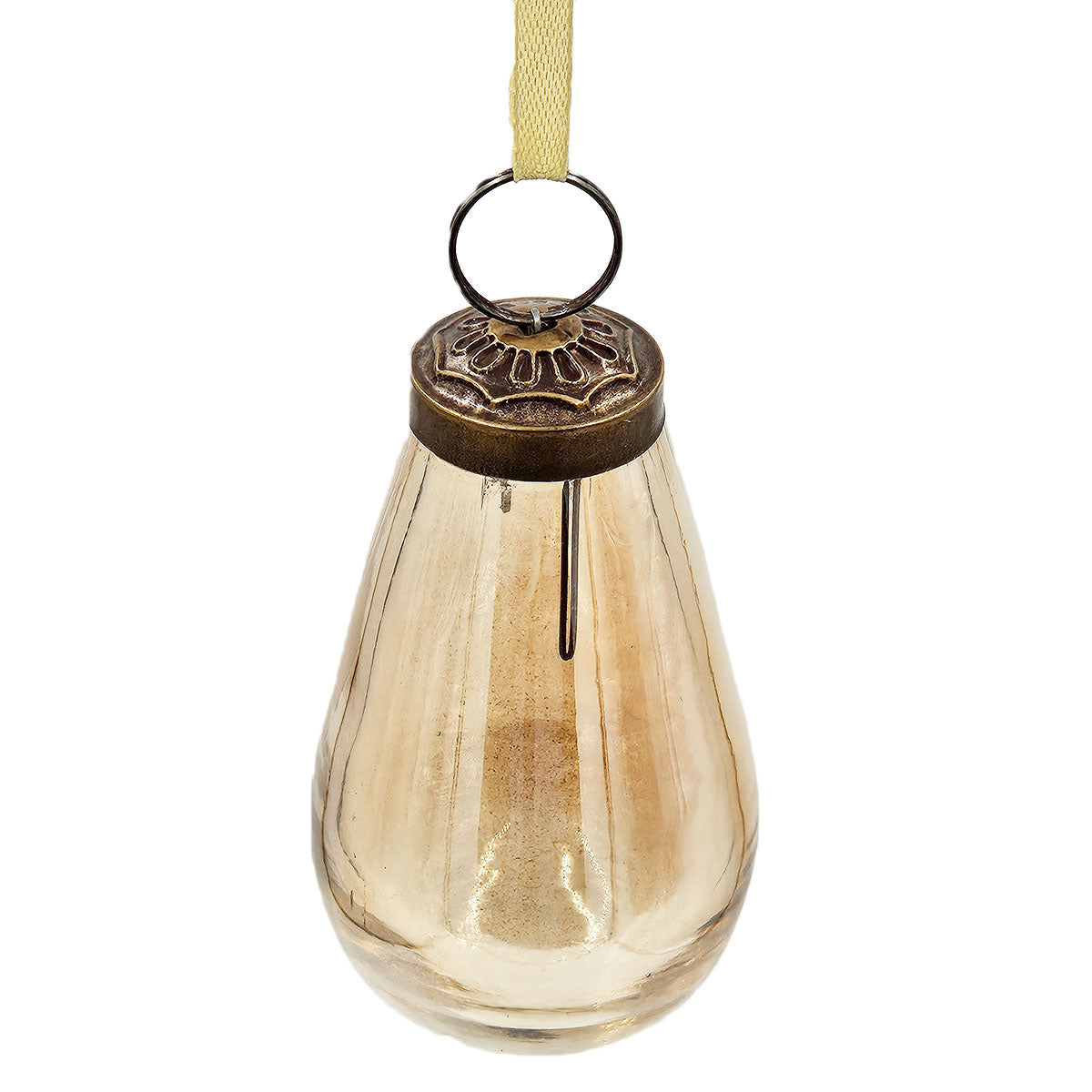 Amber glass teardrop Christmas ornament with antique bronze finial and loop