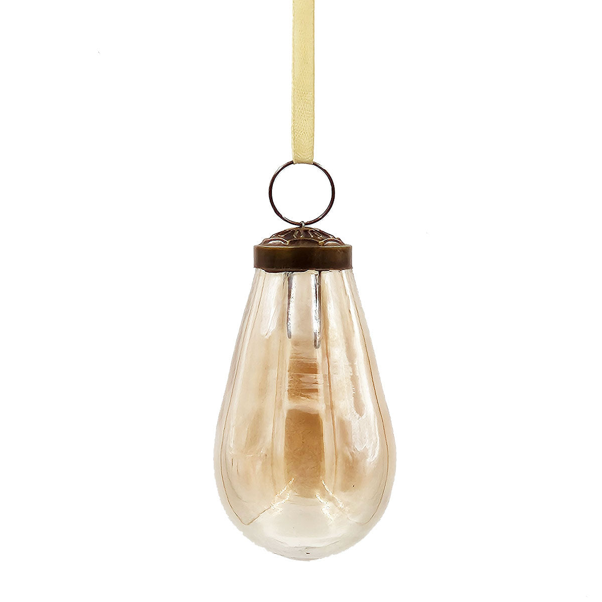 Teardrop shaped amber glass ornament with ornate bronze cap and ribbon hanger