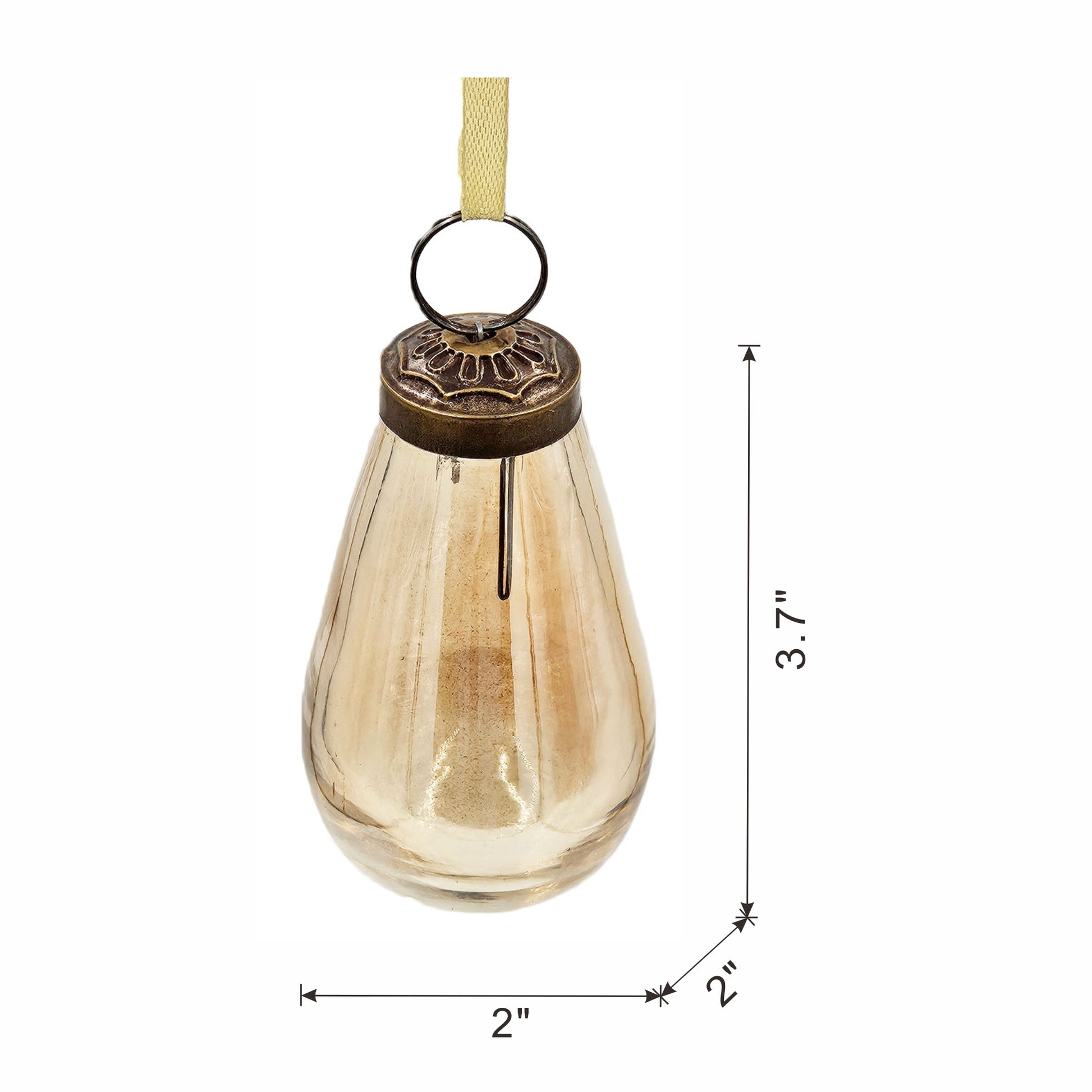 Amber glass teardrop ornament with antique brass cap and hanging loop  H