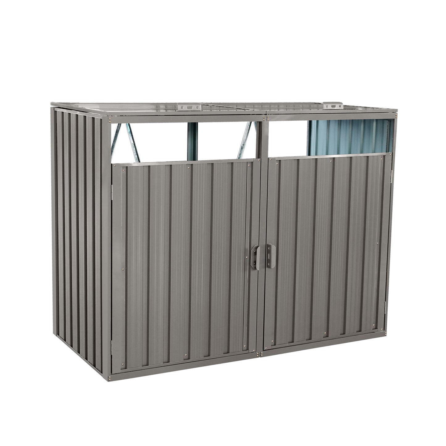 Grey metal outdoor storage cabinet with double doors and slatted top section