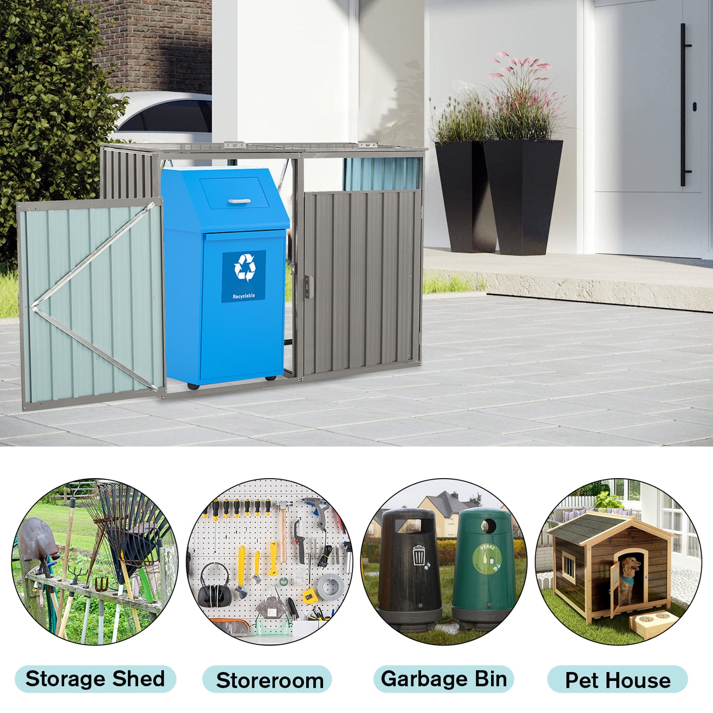 Blue wheeled recycling bin with a silver lid and recycling symbol part of an outdoor storage solution