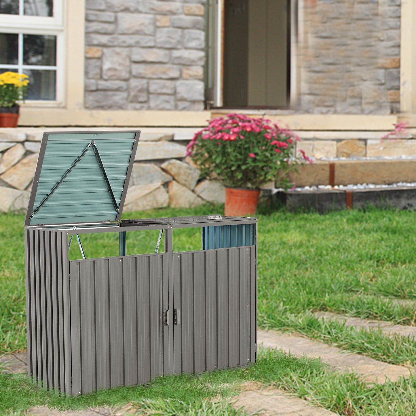 Gray metal outdoor storage bin with hinged lid open