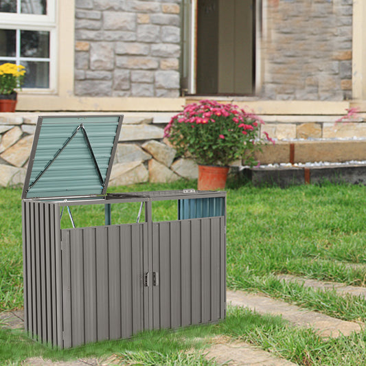 Gray metal outdoor storage bin with hinged lid open