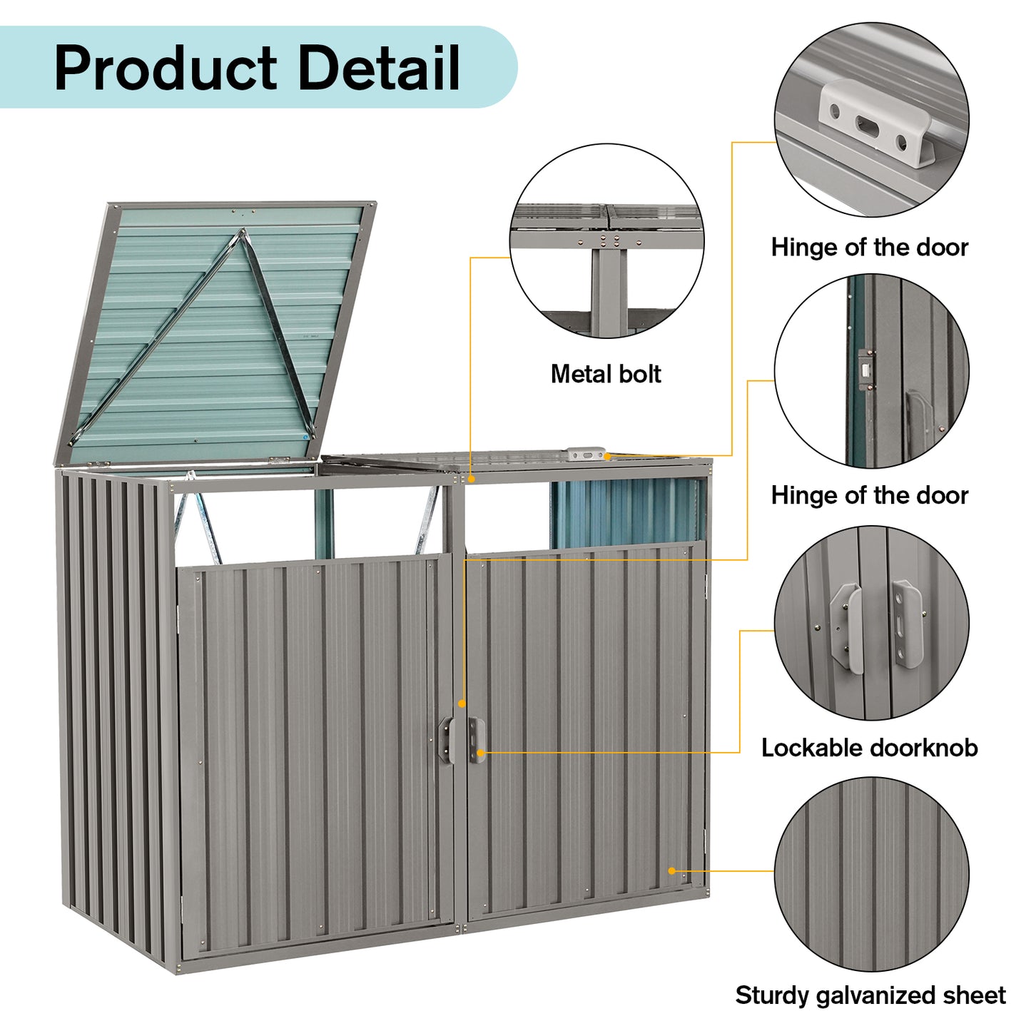 Gray metal outdoor storage bin with hinged lid and double doors
