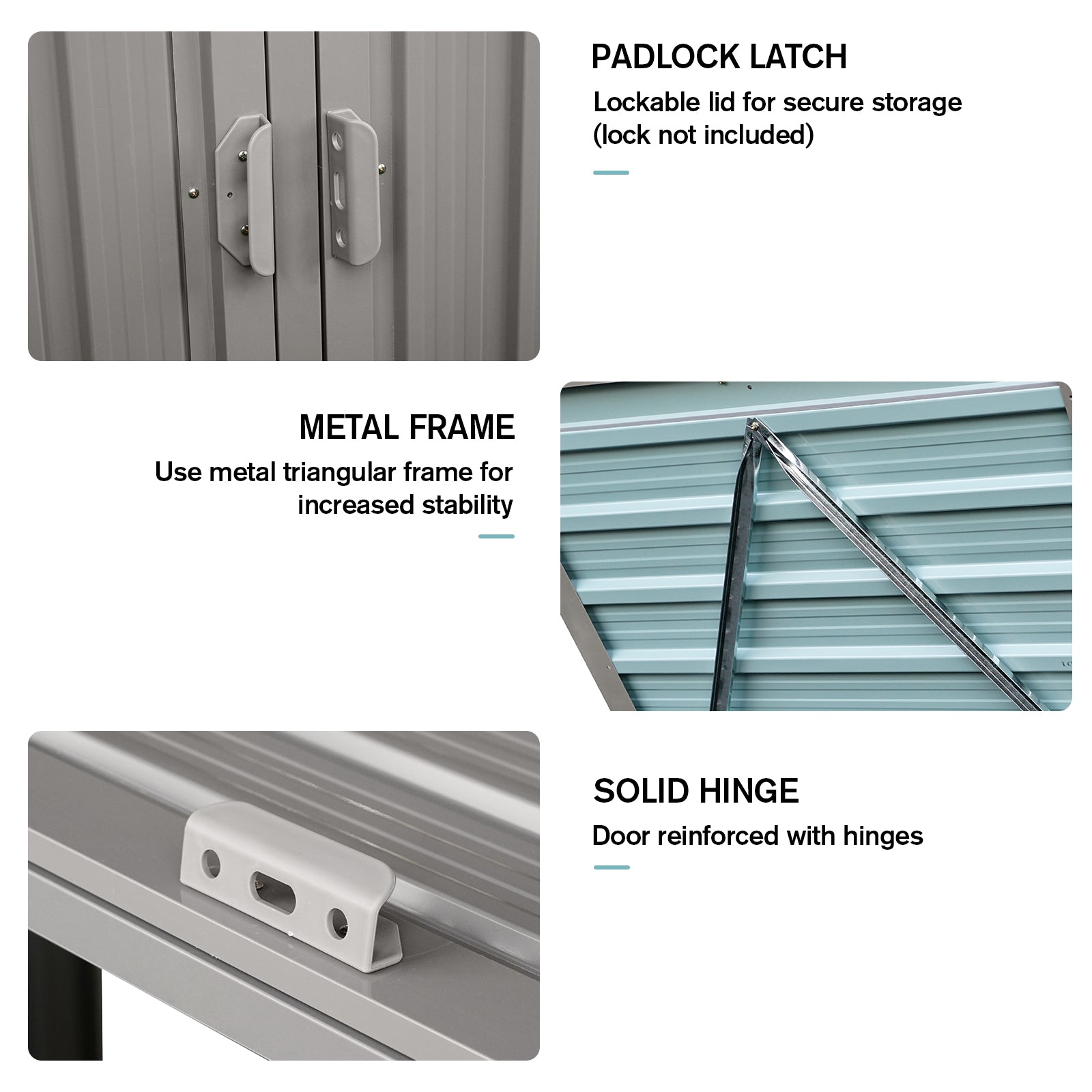 Closeup of gray metal shed doors with two silver padlock latch mechanisms
