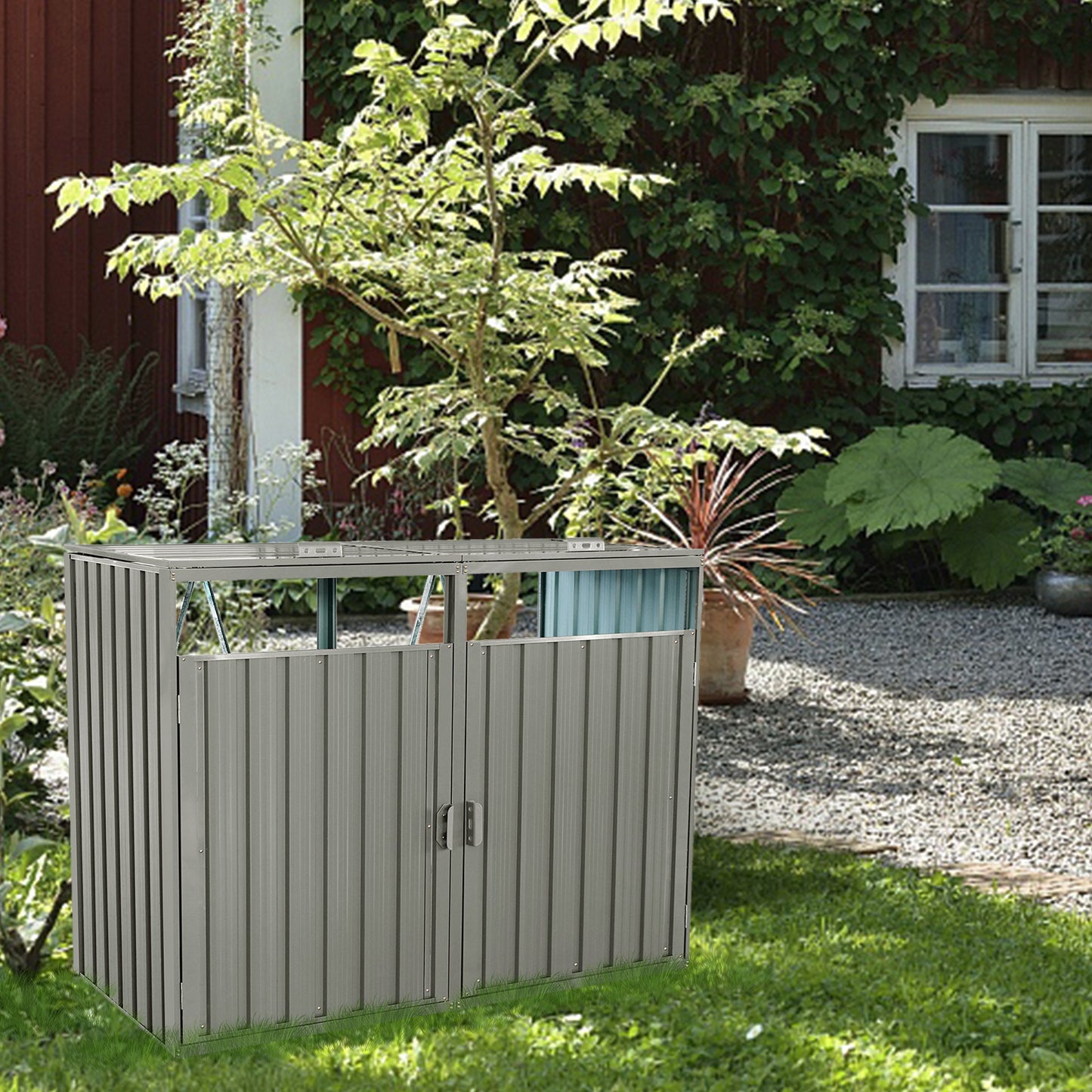 Gray metal outdoor storage shed with double doors and corrugated siding