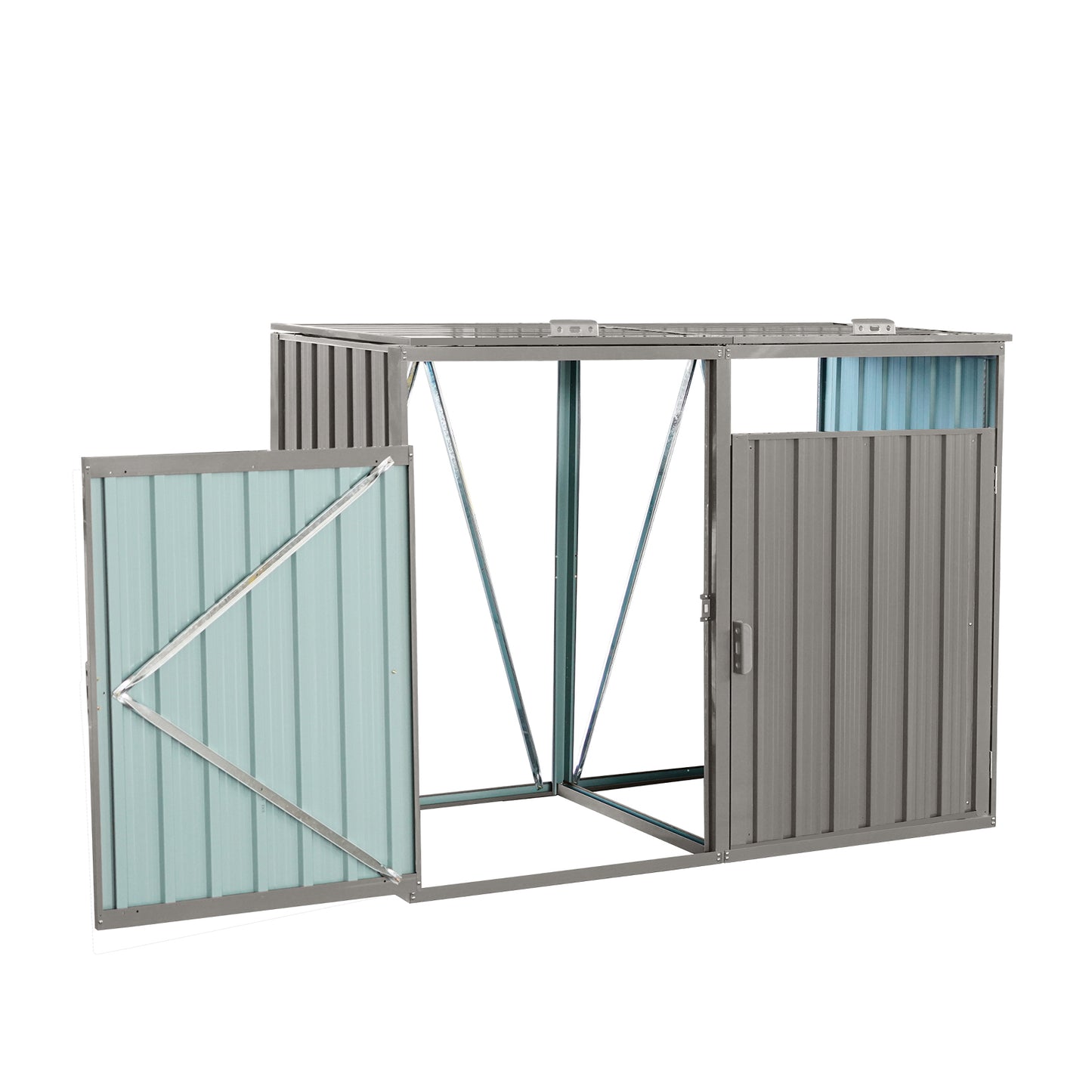 Gray metal garden storage shed with two compartments one open one door ajar