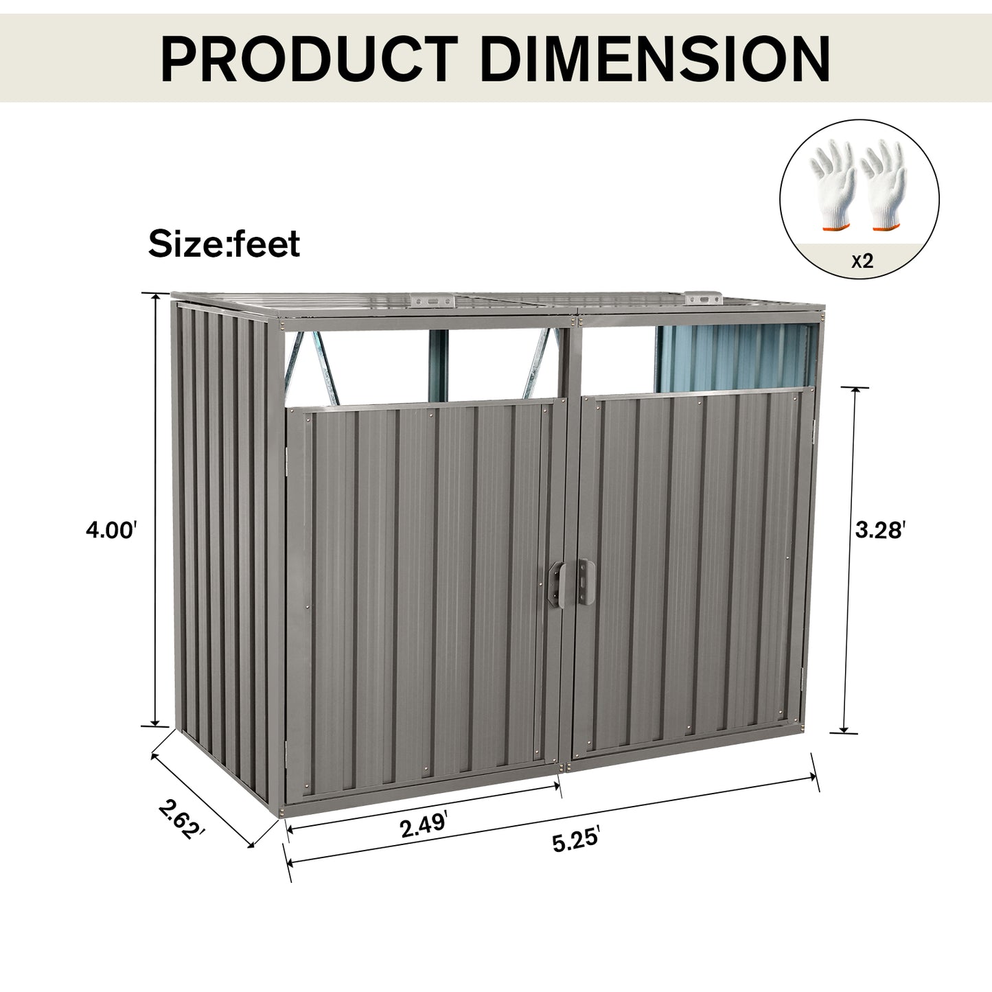 Gray metal storage shed with double doors  W x  H x  D